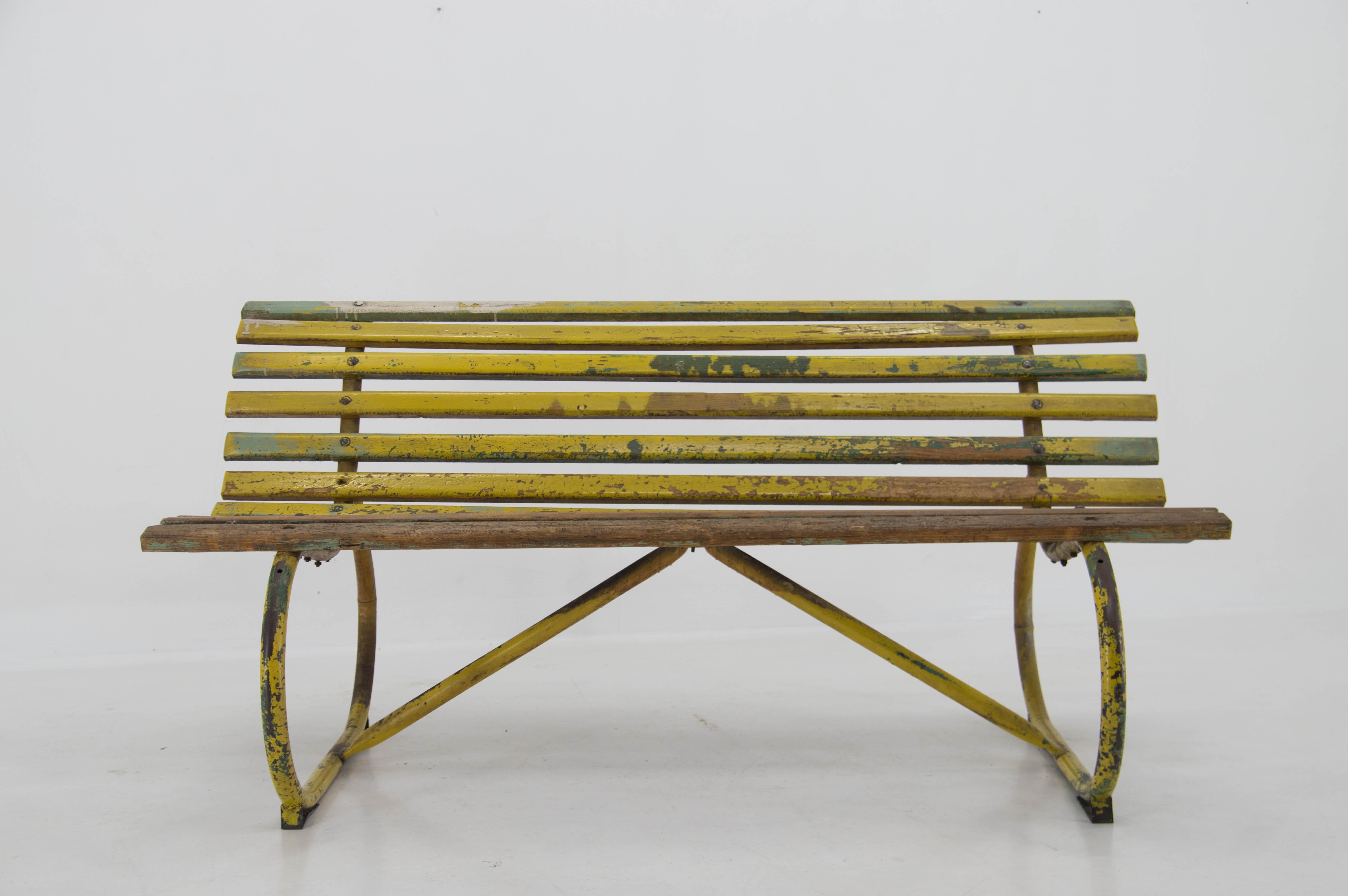 Industrial Vintage Wood and Iron Bench, 1930s For Sale