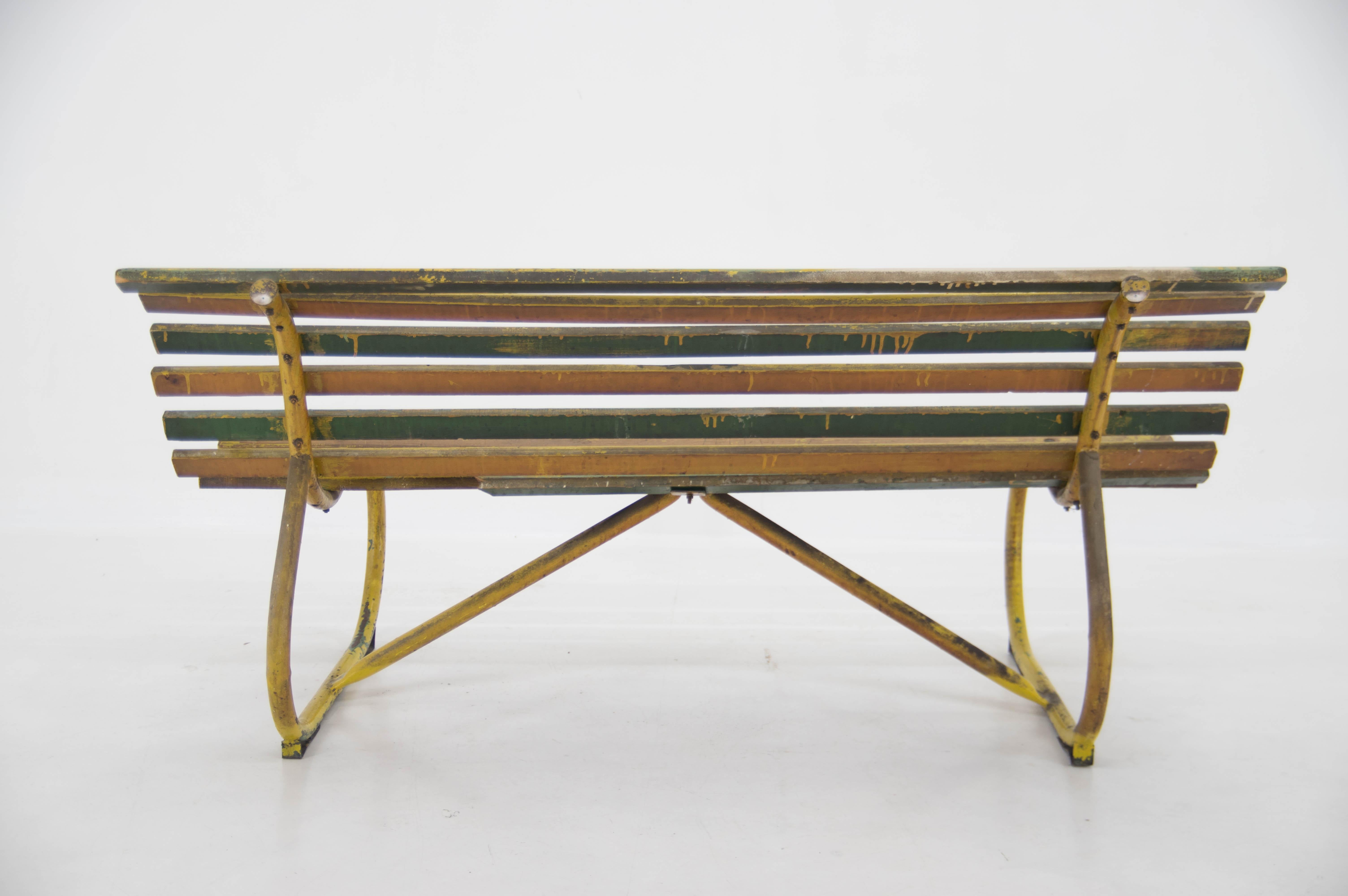 Czech Vintage Wood and Iron Bench, 1930s For Sale
