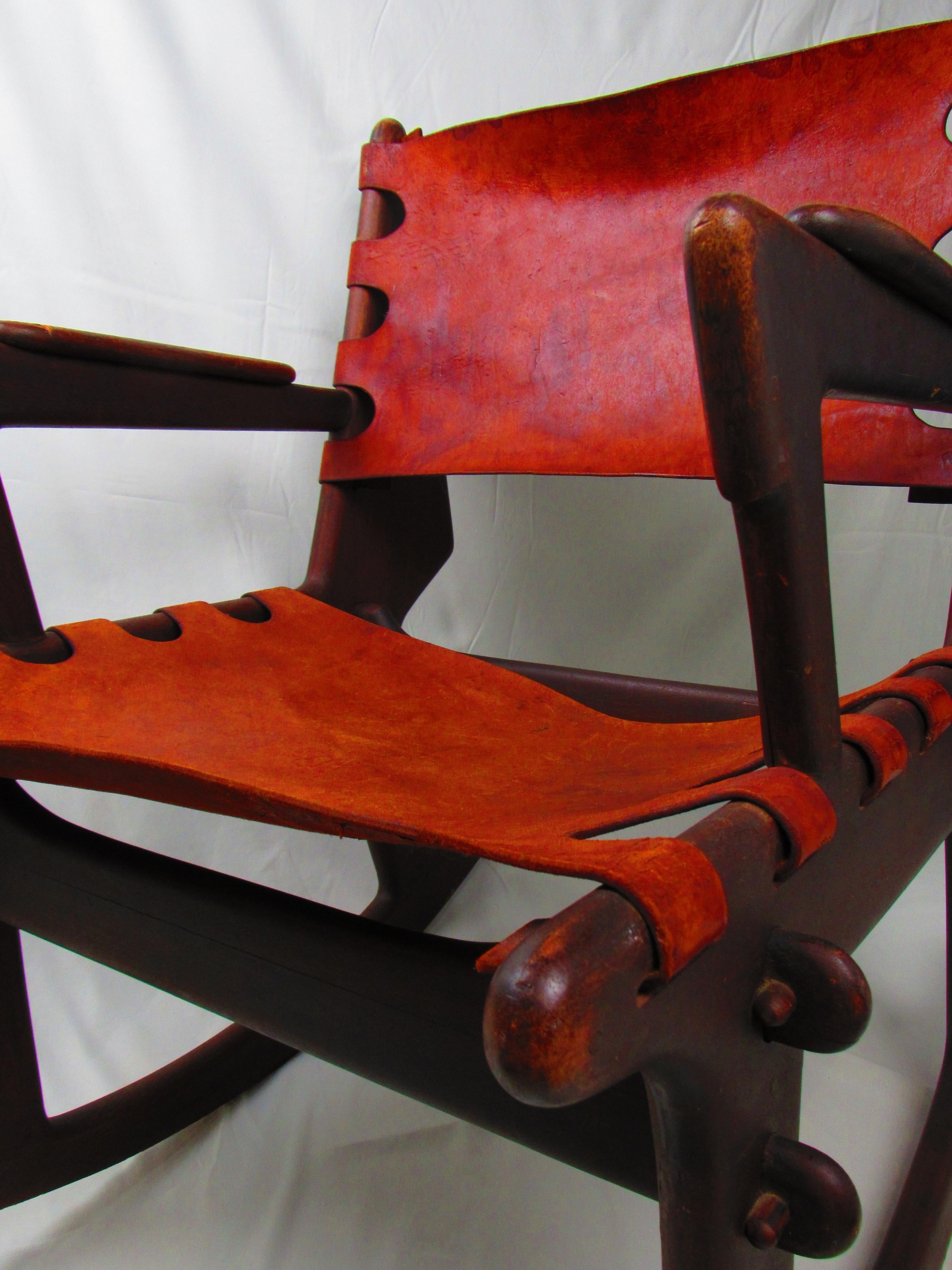 20th Century Angel Pazmino rocking chair, vintage wood and leather For Sale