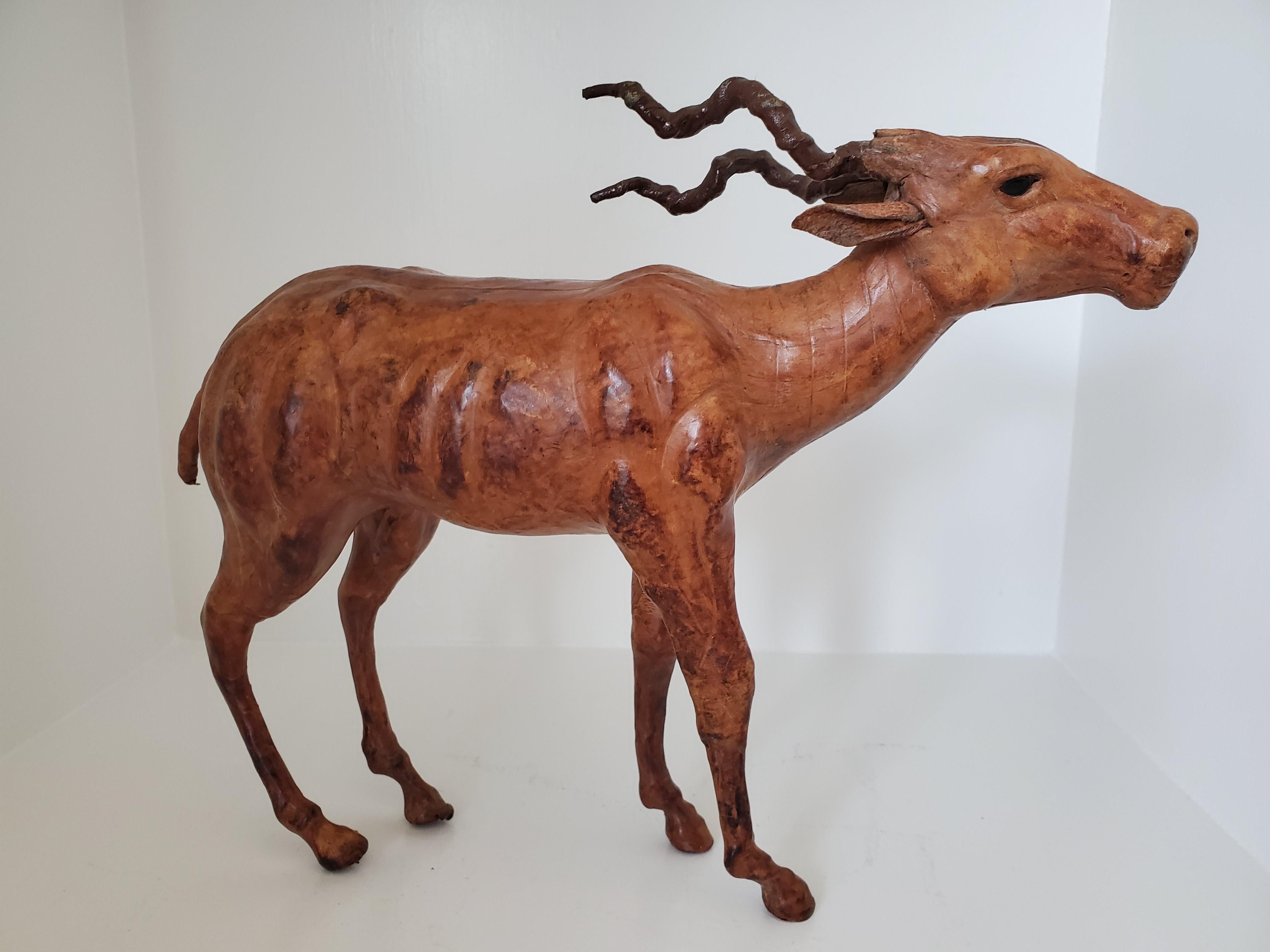 Art Deco Vintage Sculpture - Wood and Leather Gazelle Likely from Liberty's London For Sale