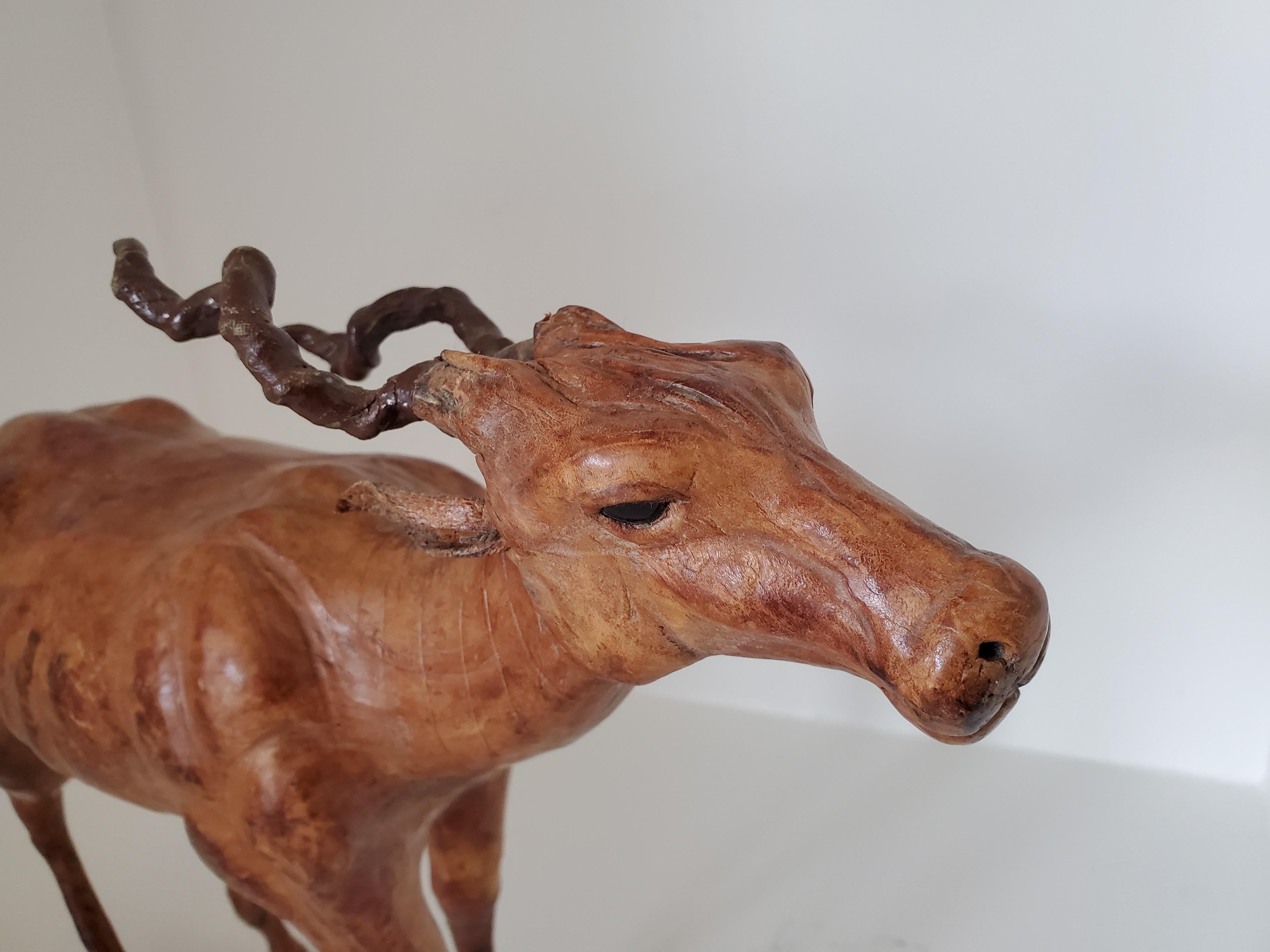Unknown Vintage Sculpture - Wood and Leather Gazelle Likely from Liberty's London For Sale