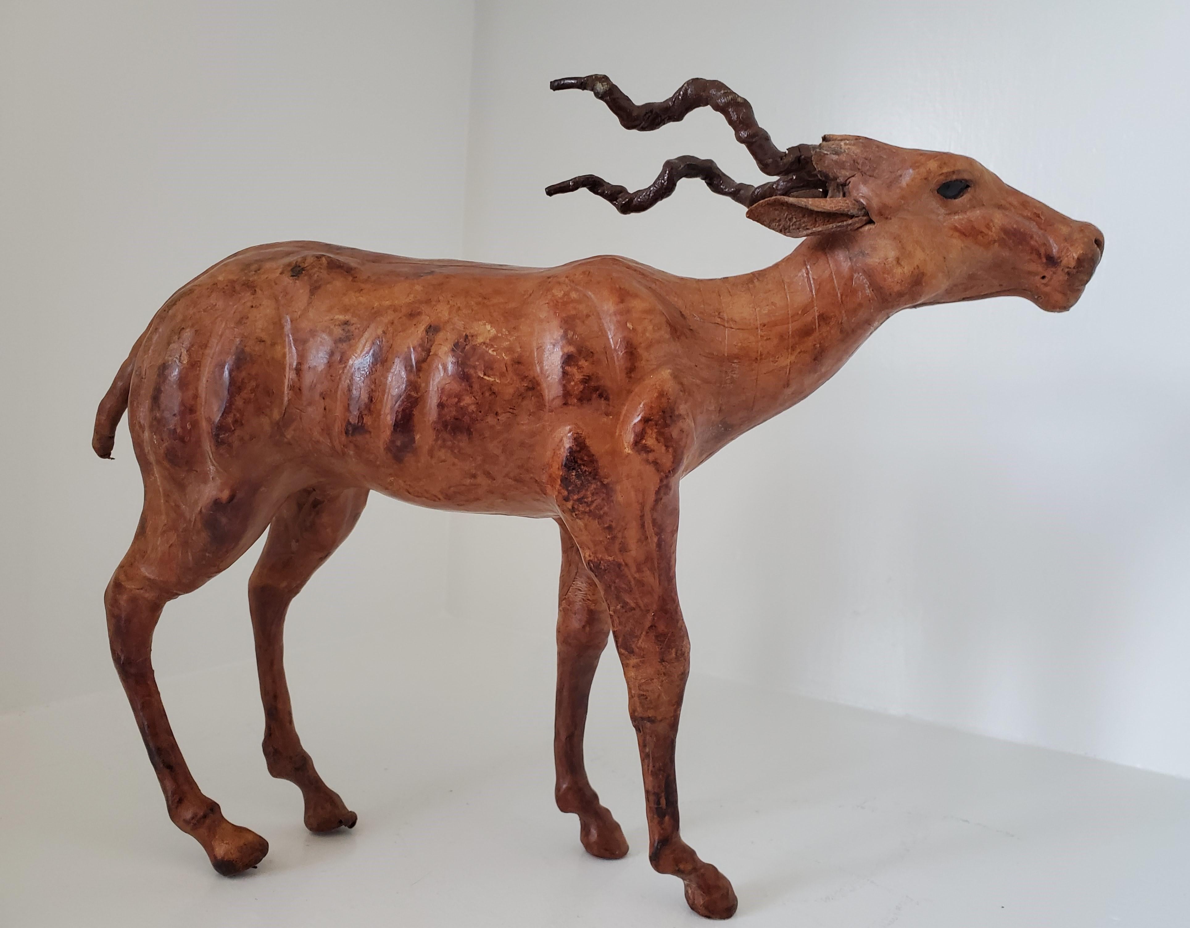 Animal Skin Vintage Sculpture - Wood and Leather Gazelle Likely from Liberty's London For Sale
