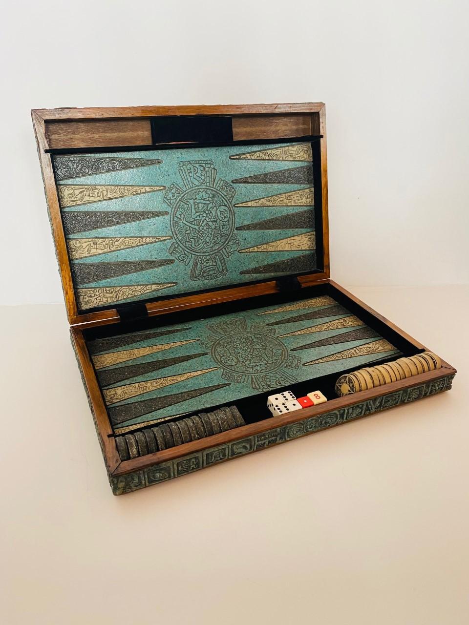 Vintage Wood and Malachite Resin Mayan Backgammon Set 1