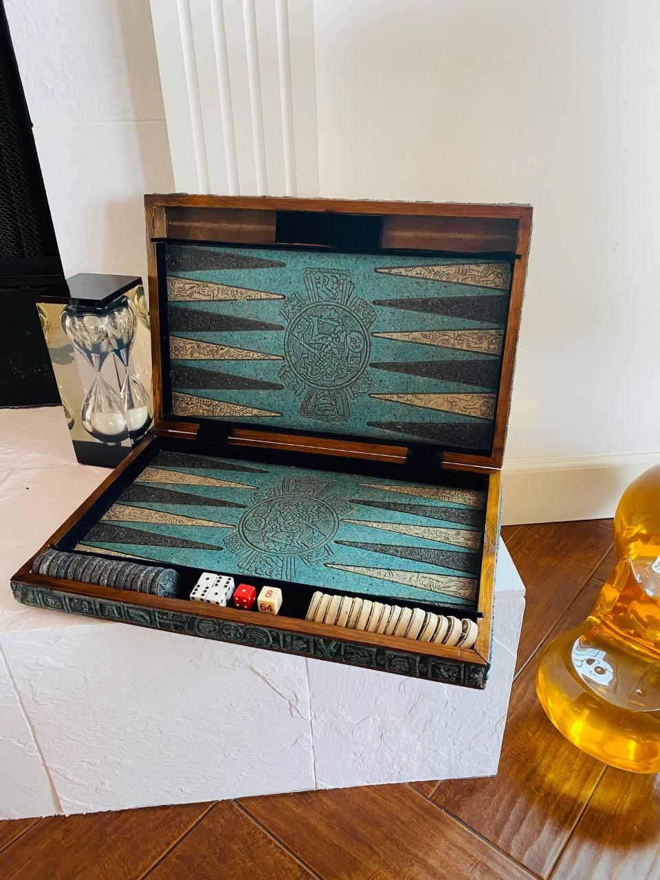 American Vintage Wood and Malachite Resin Mayan Backgammon Set