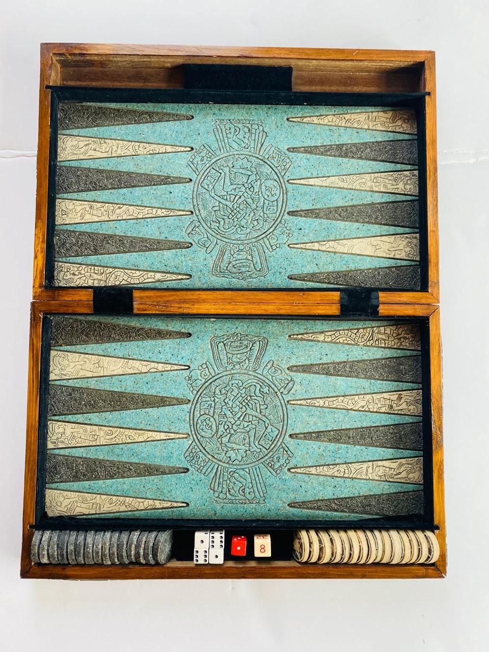 Cast Vintage Wood and Malachite Resin Mayan Backgammon Set