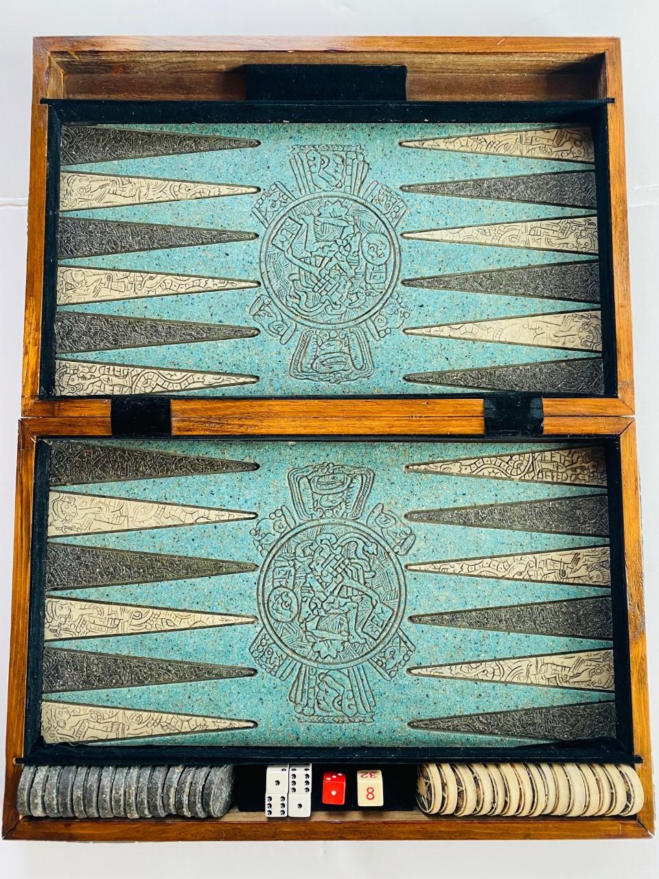 Vintage Wood and Malachite Resin Mayan Backgammon Set In Good Condition In San Diego, CA
