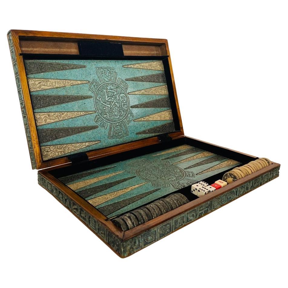 Vintage Wood and Malachite Resin Mayan Backgammon Set