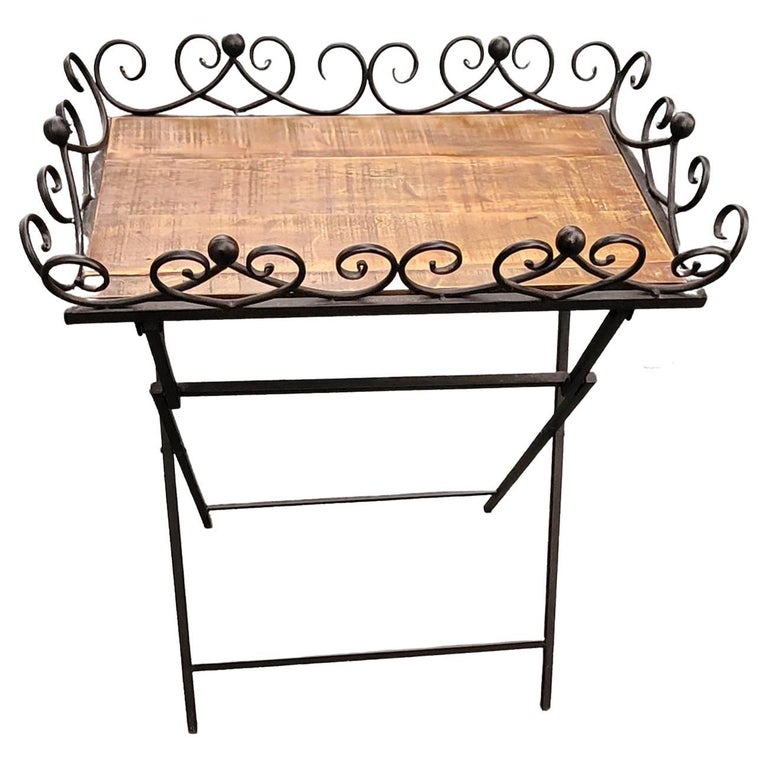 Vintage Wood and Metal Folding Tray Table with Gallery For Sale at 1stDibs
