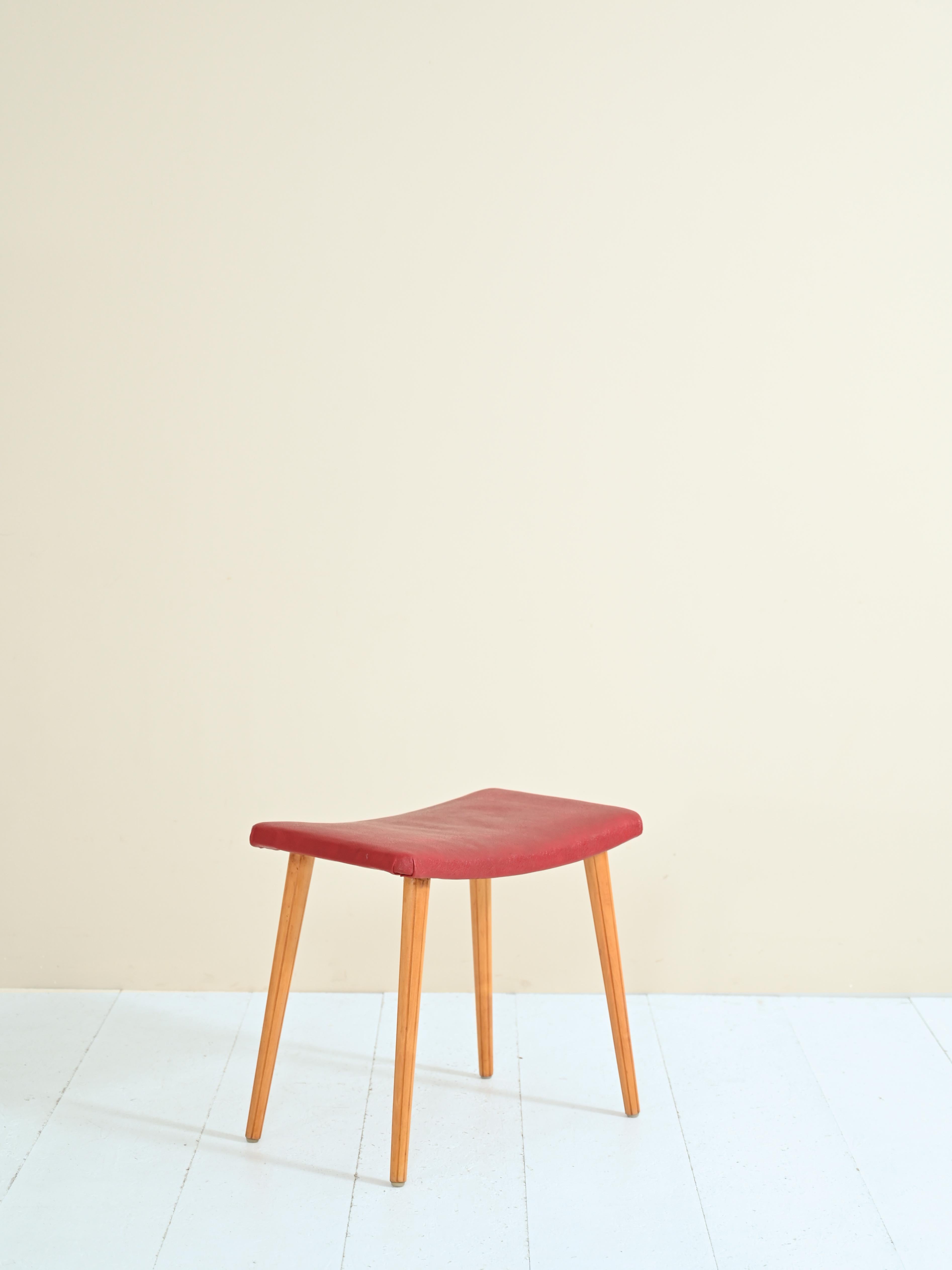 Scandinavian Modern Vintage Wood and Red Leatherette Stool