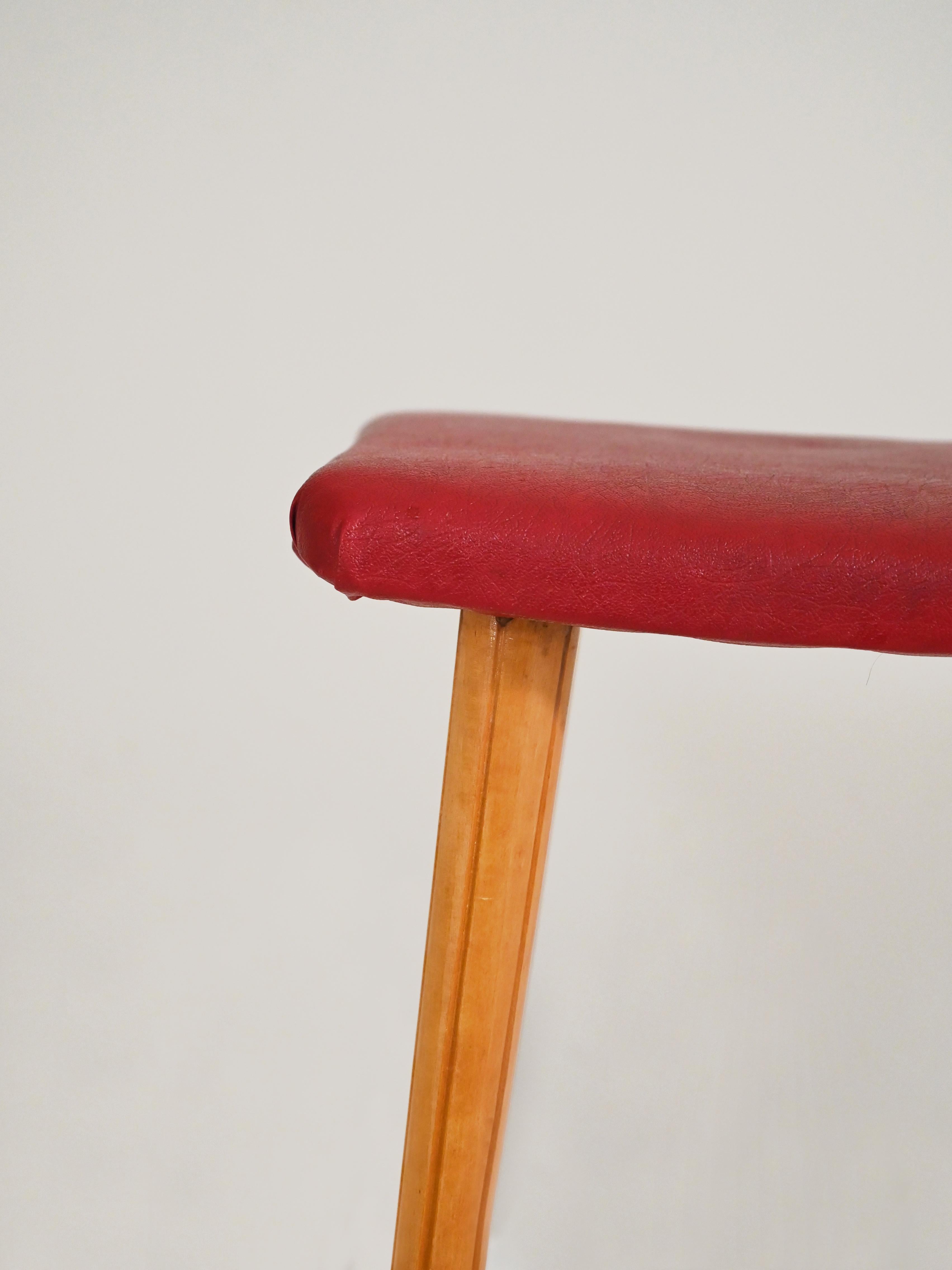 Mid-20th Century Vintage Wood and Red Leatherette Stool