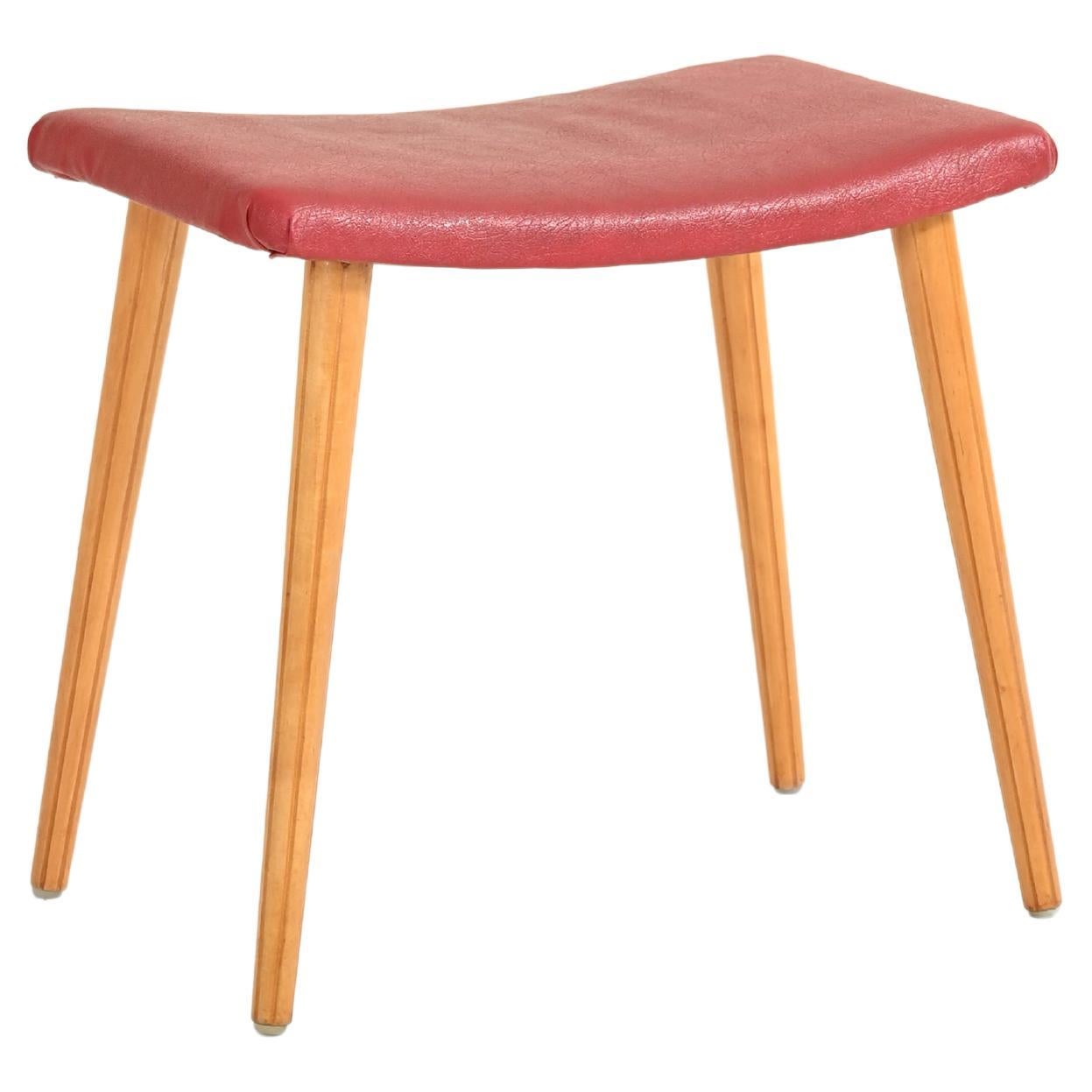 Vintage Wood and Red Leatherette Stool