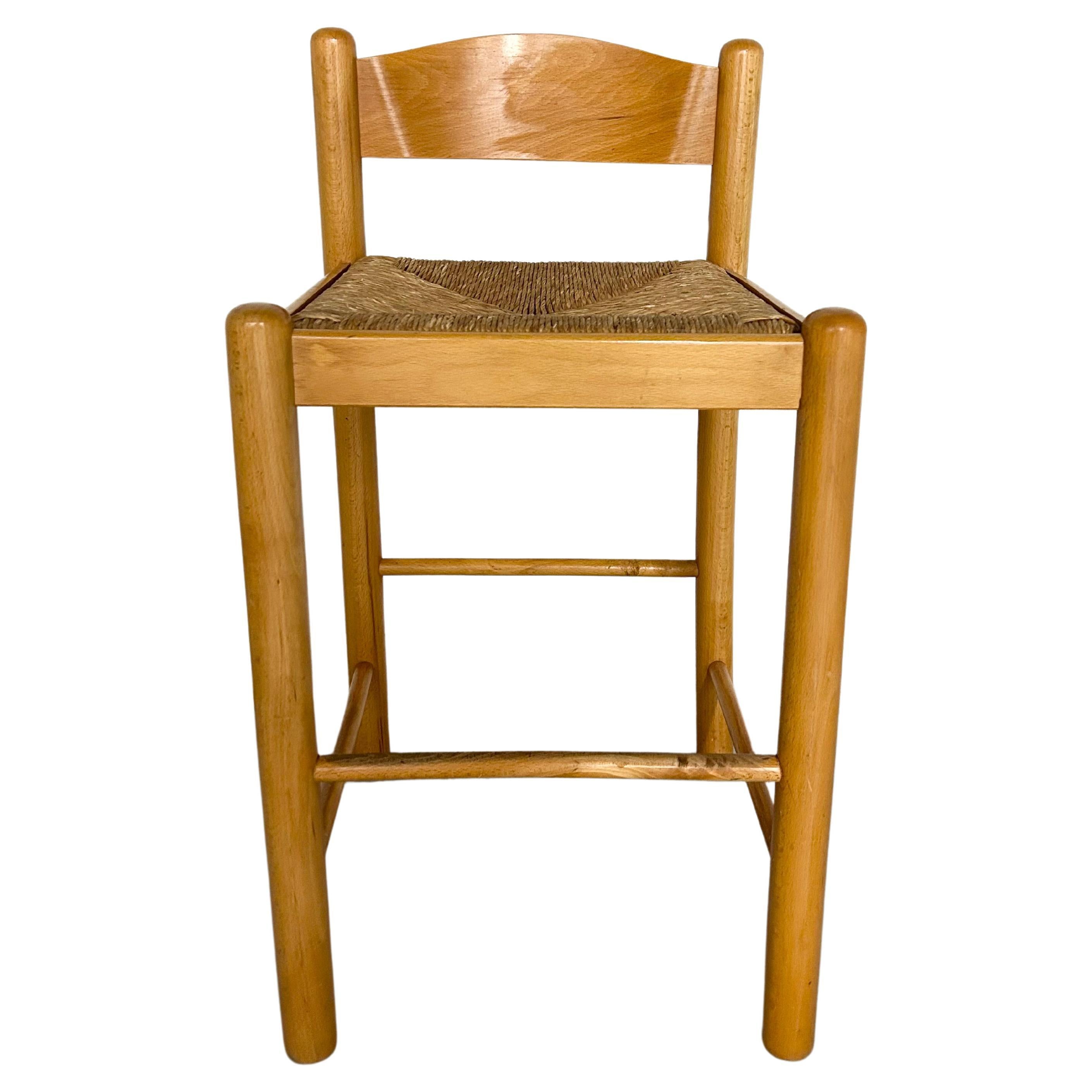 Vintage Wood and Rush Counter Stool For Sale