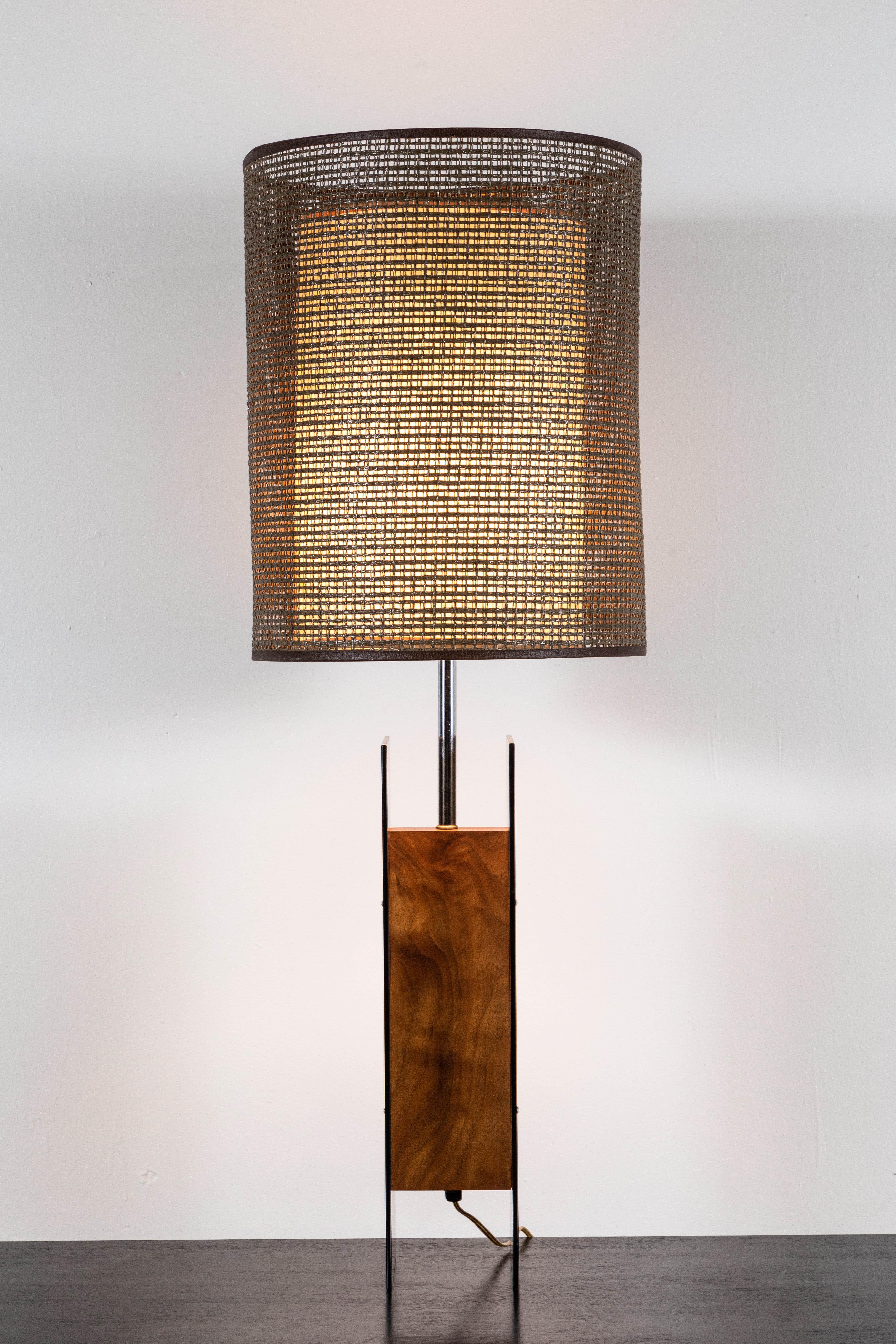 Vintage Wood and Smoked Lucite Table Lamp with Amazing Original Shade, 1970s For Sale 1
