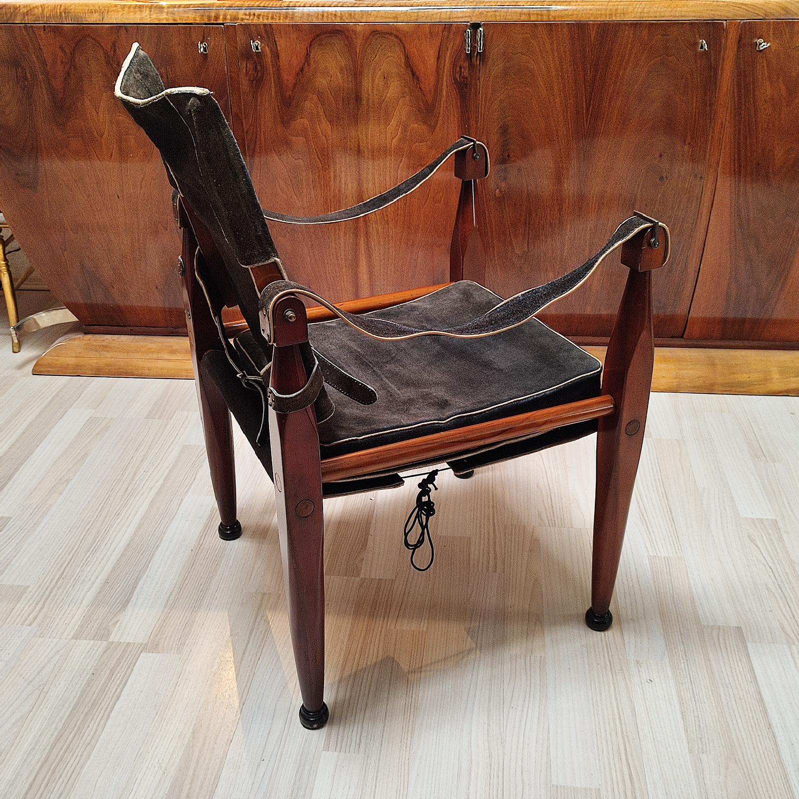 Vintage Wood and Suede Safari Campaign Chair For Sale 5