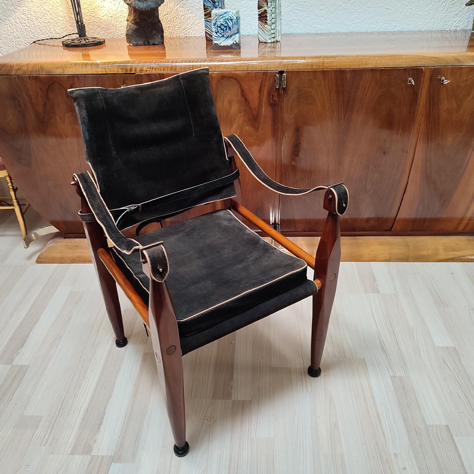 European Vintage Wood and Suede Safari Campaign Chair For Sale