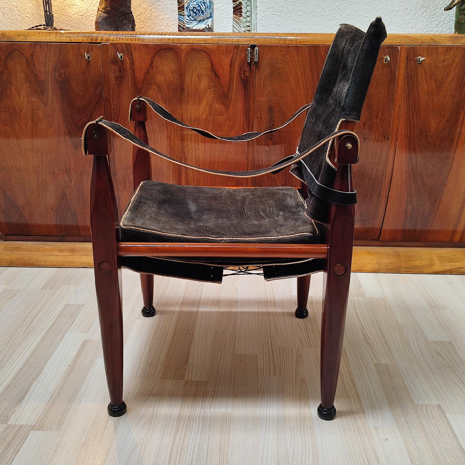 Leather Vintage Wood and Suede Safari Campaign Chair For Sale