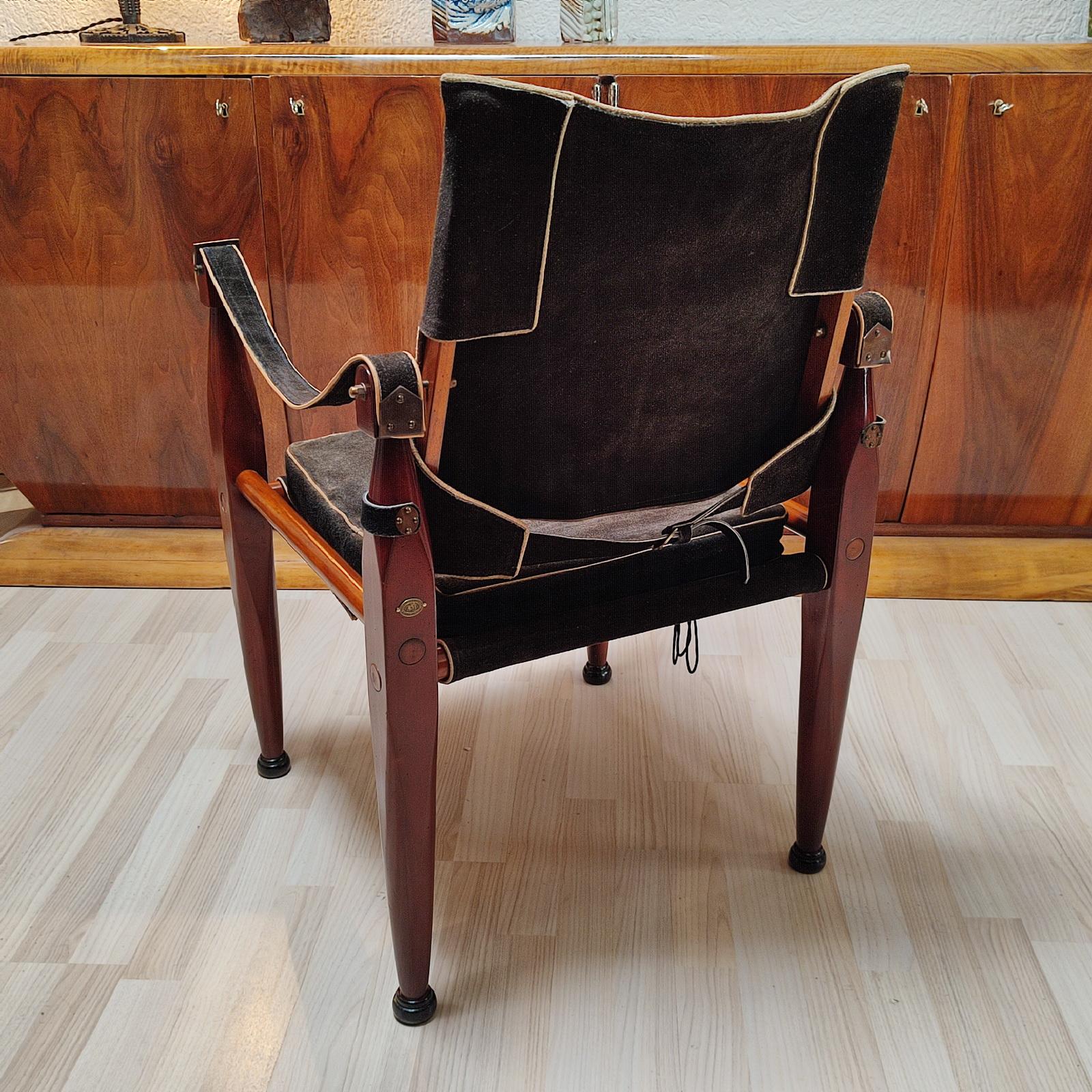 Vintage Wood and Suede Safari Campaign Chair For Sale 1