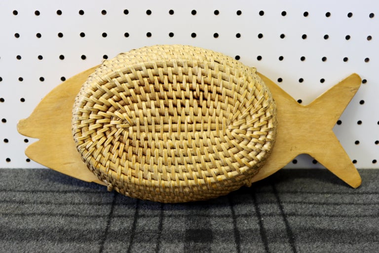Vintage Wood and Wicker Fish Themed Basket For Sale at 1stDibs