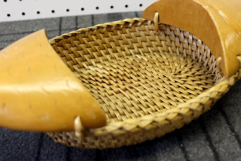 Vintage Wood and Wicker Fish Themed Basket For Sale at 1stDibs