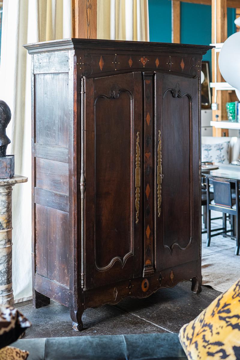 American Vintage Wood Armoire with Inlaid Hearts For Sale