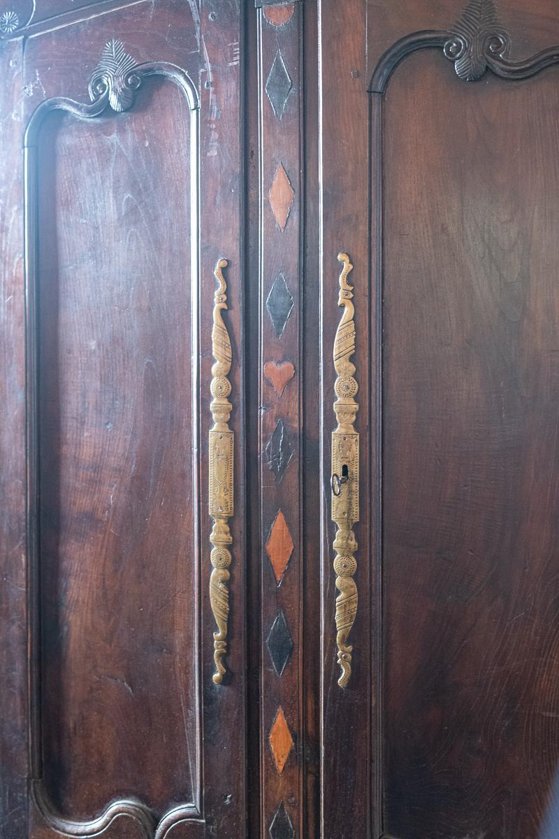 19th Century Vintage Wood Armoire with Inlaid Hearts For Sale