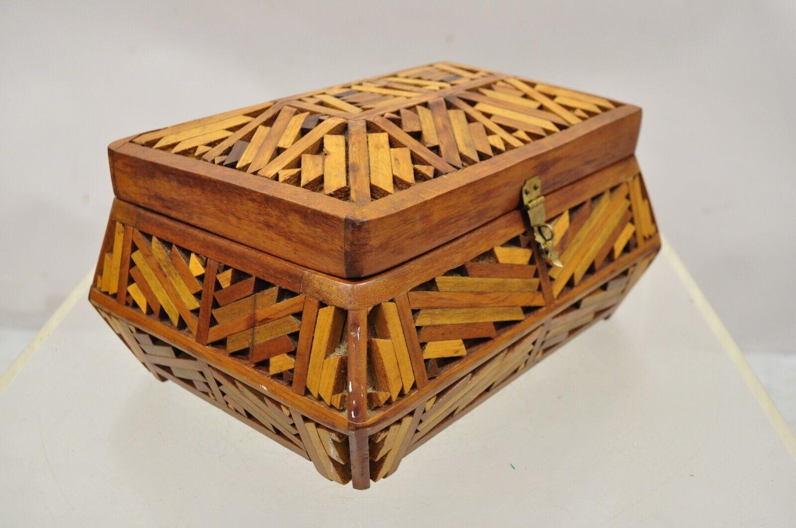 Vintage Wood Arts & Crafts tramp art folk art jewelry box trinket box. Item features mirror to the interior lid, solid wood construction, beautiful wood grain, very nice vintage item. Circa Mid 20th century. Measurements: 6