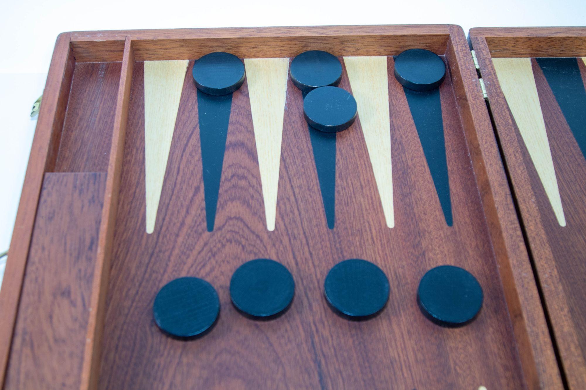 Vintage Wood Backgammon Set Spielbox, um 1950 1