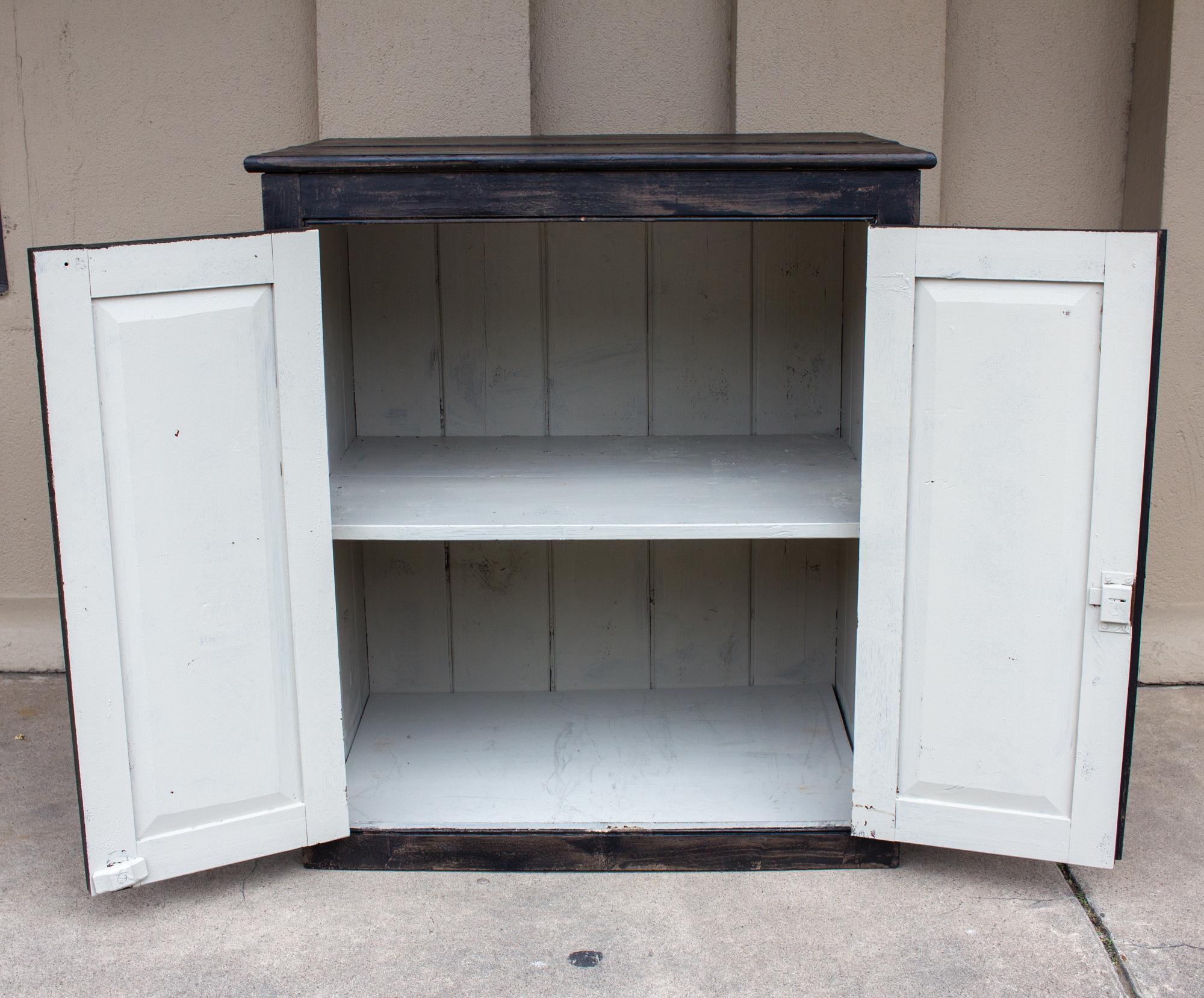 Vintage Wood Bar Cabinet in Black Wash Painted Finish In Good Condition In Houston, TX