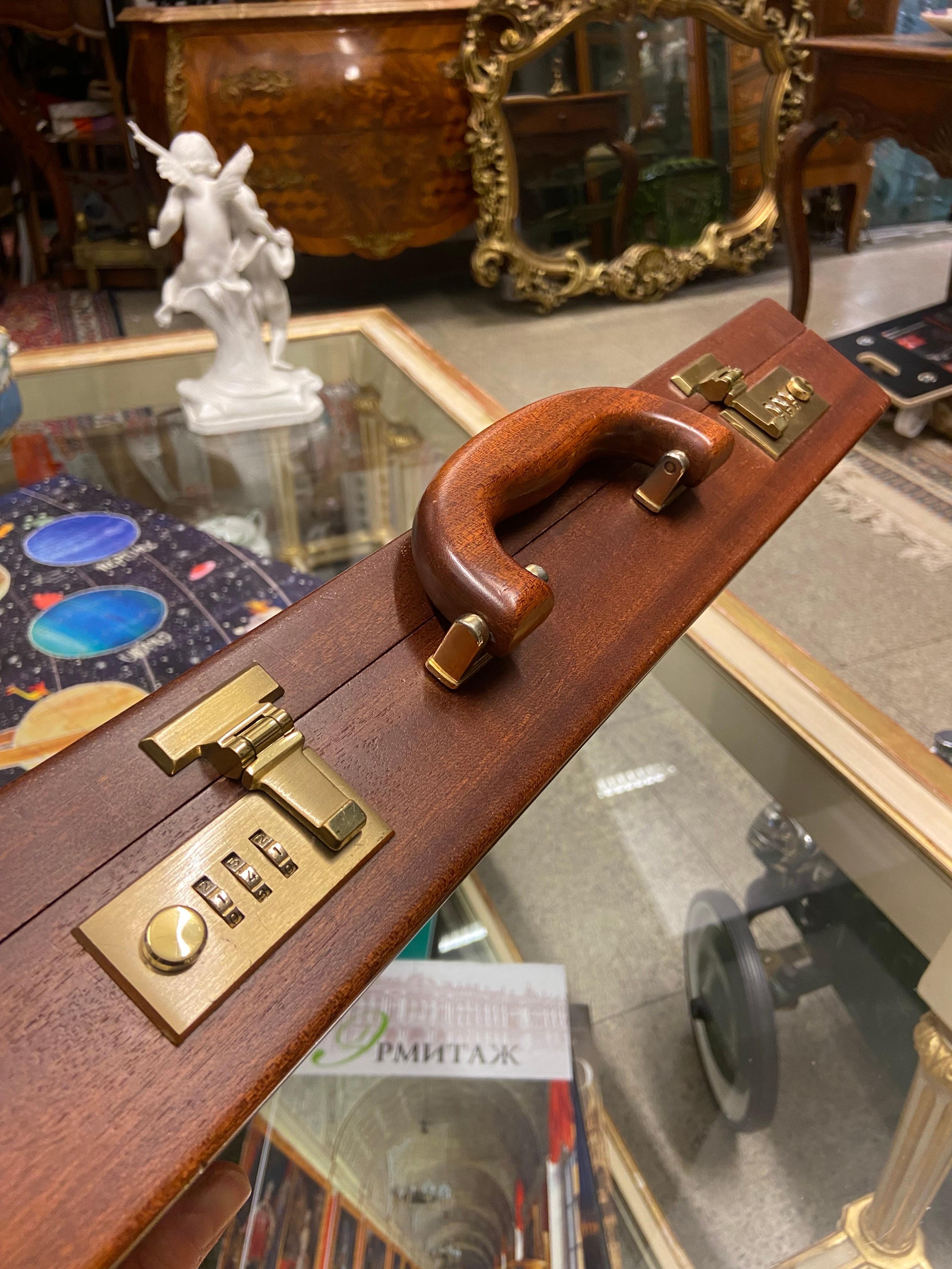Vintage Wood Briefcase with Combination Locks and Wooden Handle In Good Condition For Sale In Sofia, BG