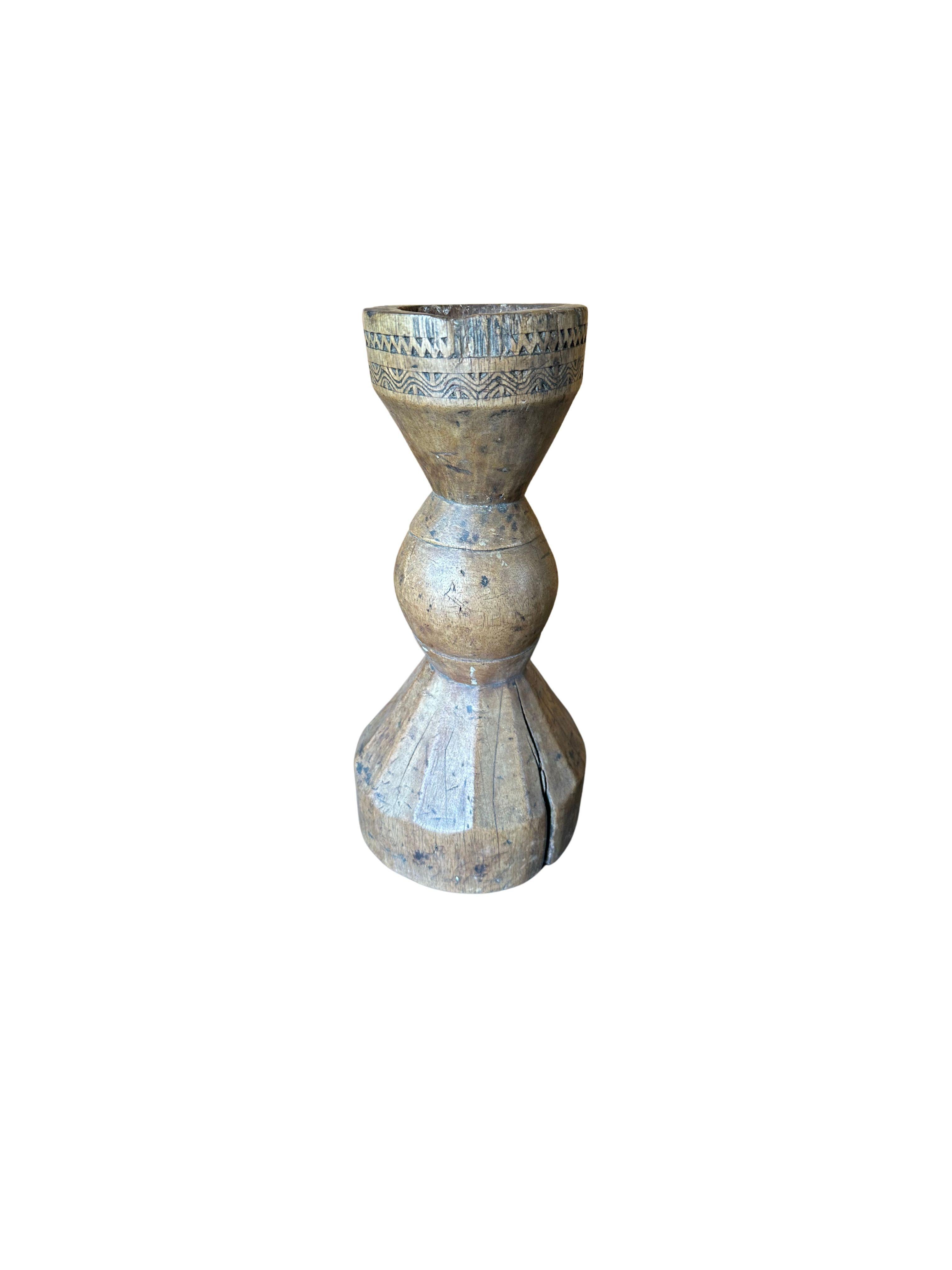Hand-Crafted Vintage Wood Candle Holder with Carved Detailing, Java, c. 1950 For Sale