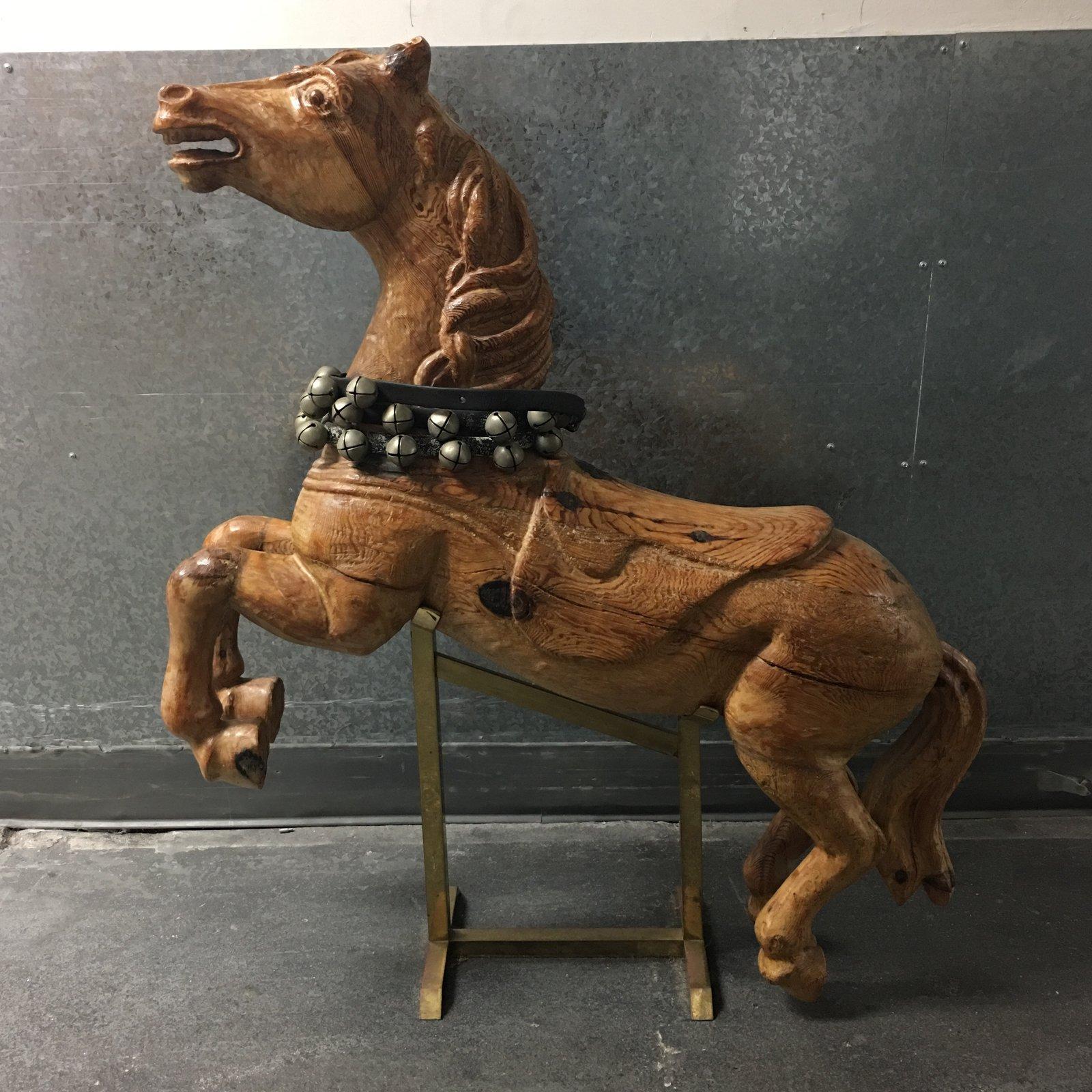 Rustic Vintage Wood Carousel Horse With Bells and Brass Stand For Sale