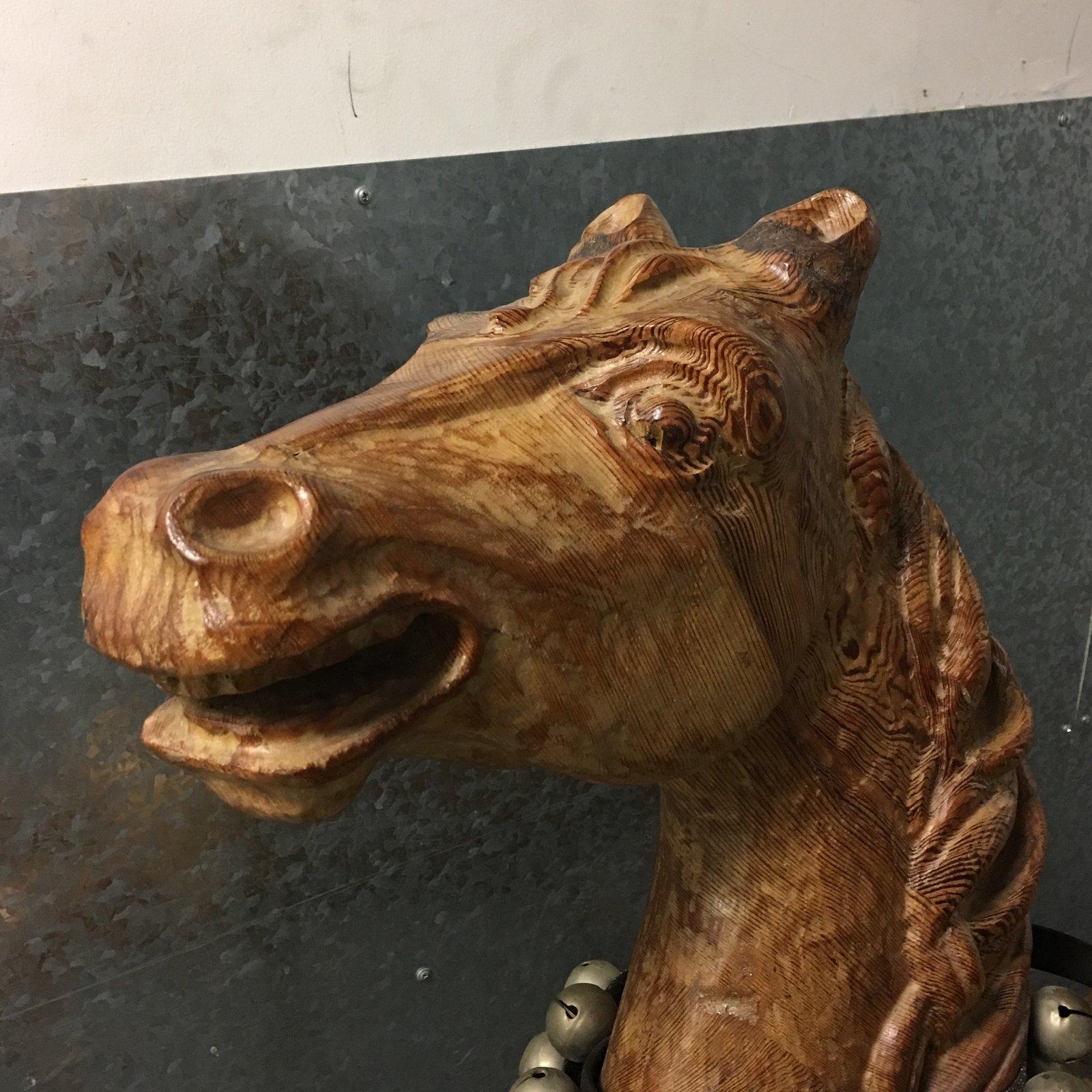 American Vintage Wood Carousel Horse With Bells and Brass Stand For Sale