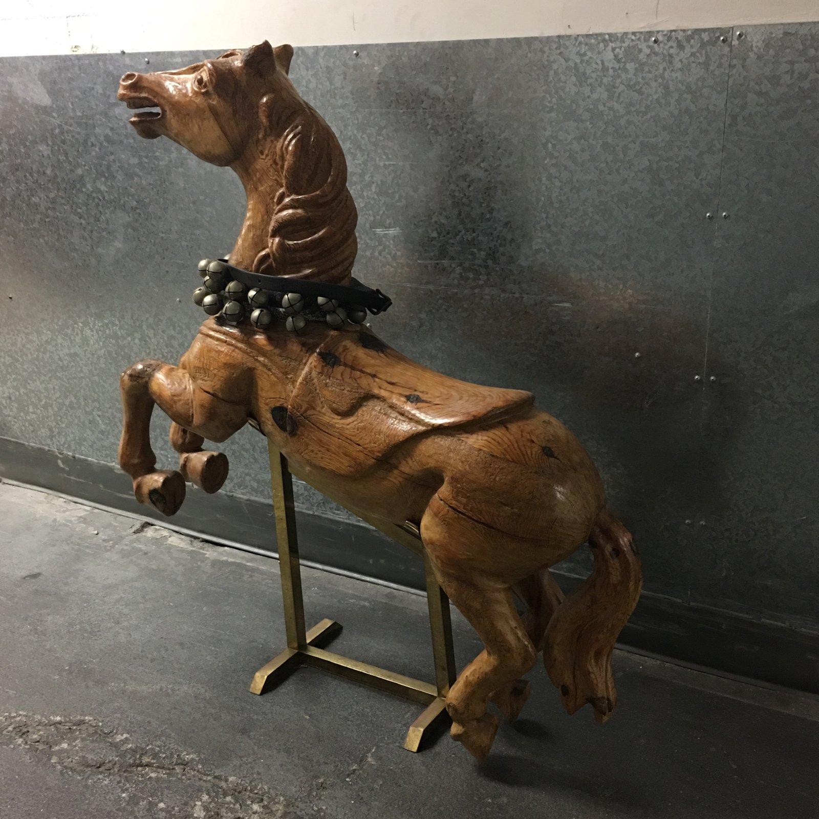 Vintage Wood Carousel Horse With Bells and Brass Stand In Good Condition For Sale In San Francisco, CA