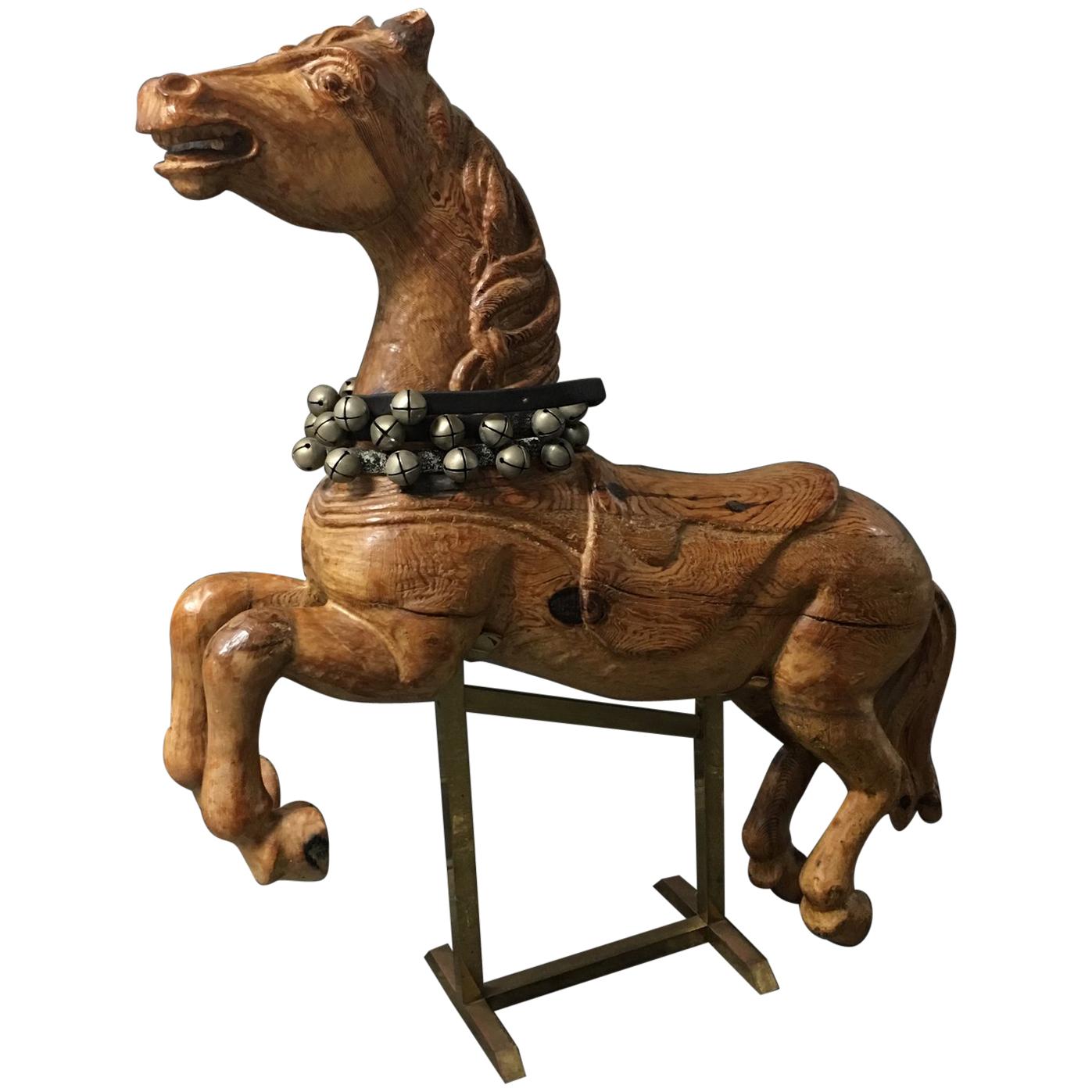 Vintage Wood Carousel Horse With Bells and Brass Stand For Sale