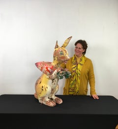 Vintage Wood Carousel Rabbit with Carrots, France, 1950s