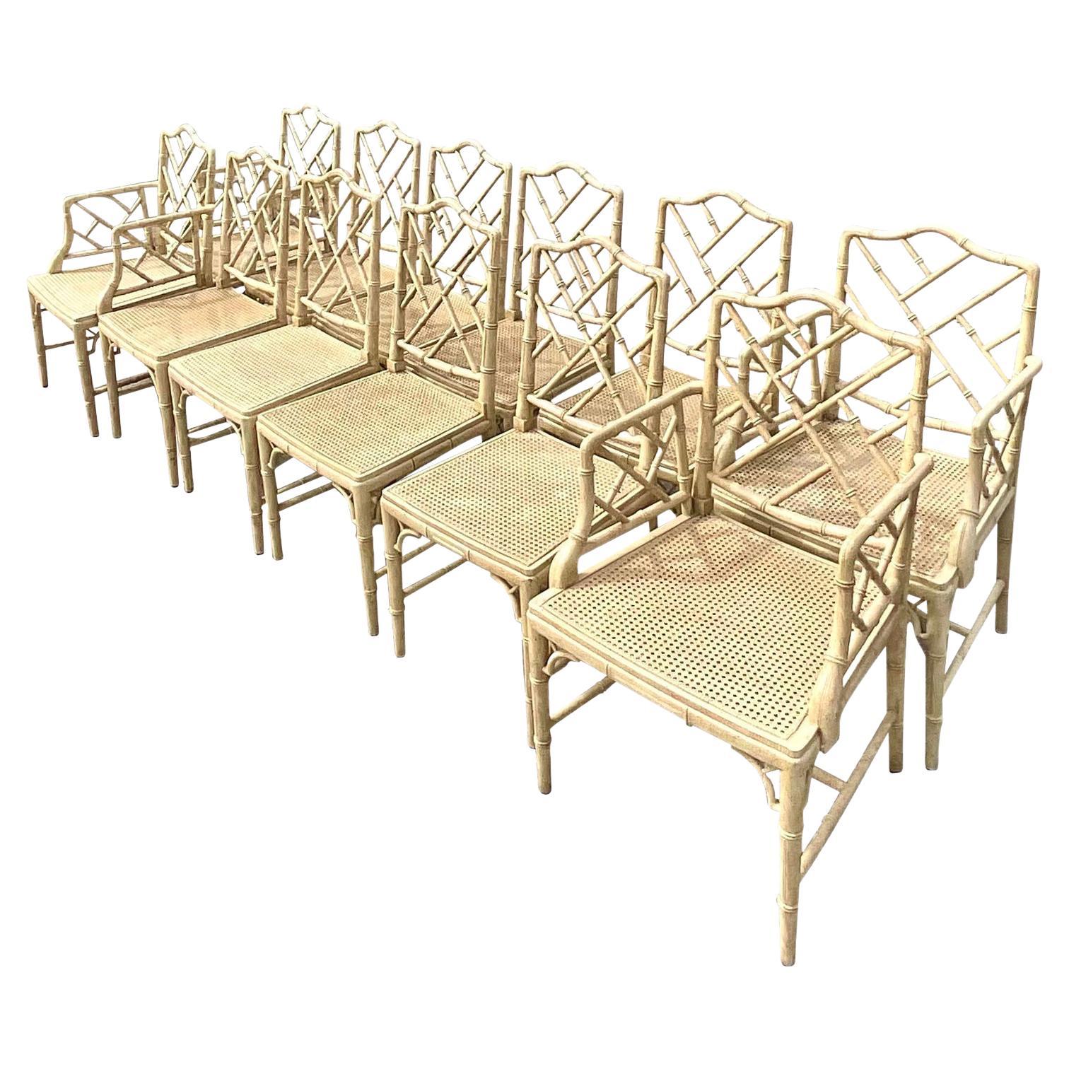 Vintage Wood Carved Faux Bamboo Chinese Chippendale Dining Chairs, Set