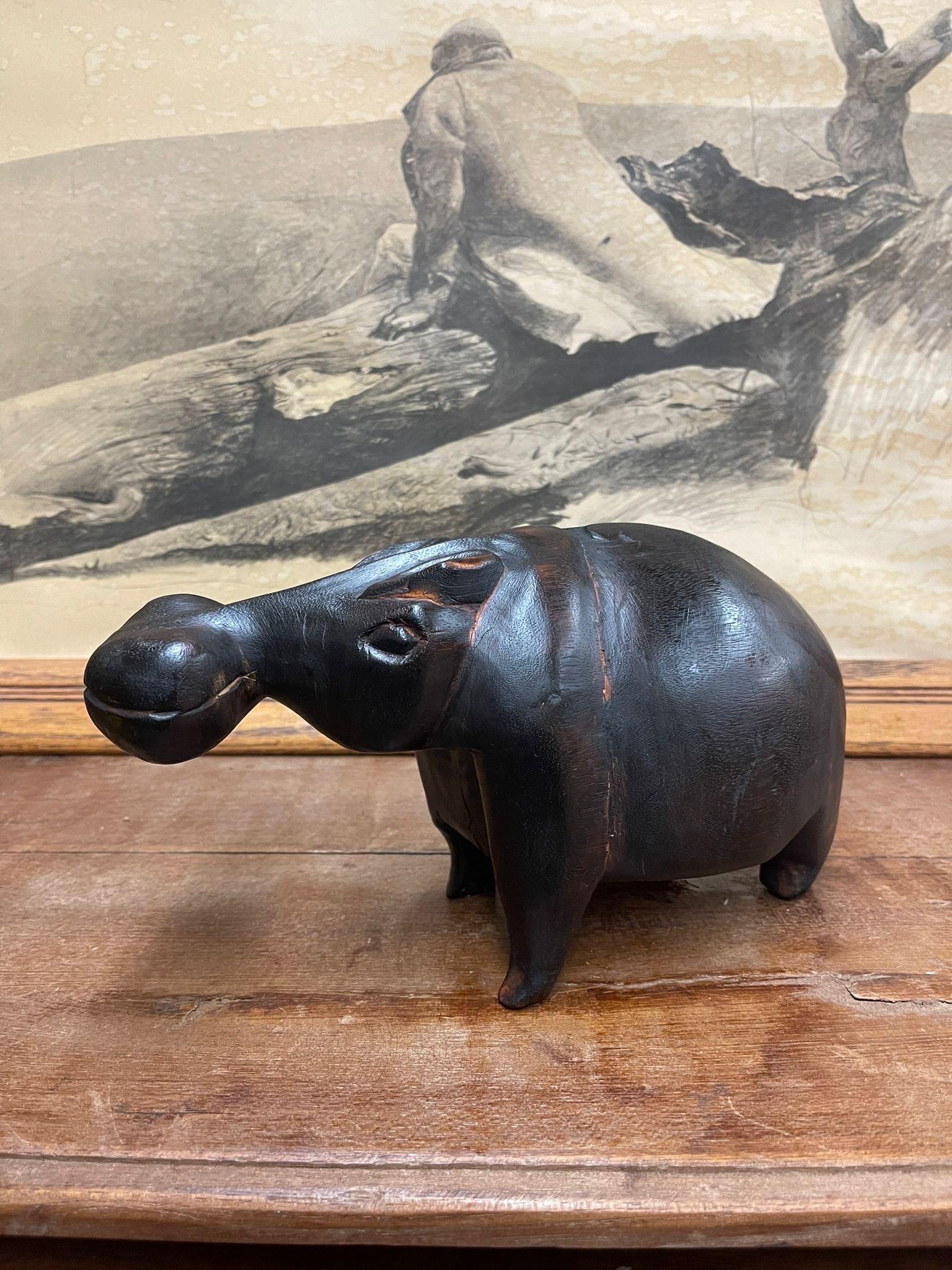 Mid-Century Modern Vintage Wood Carved Hippo Sculpture. For Sale