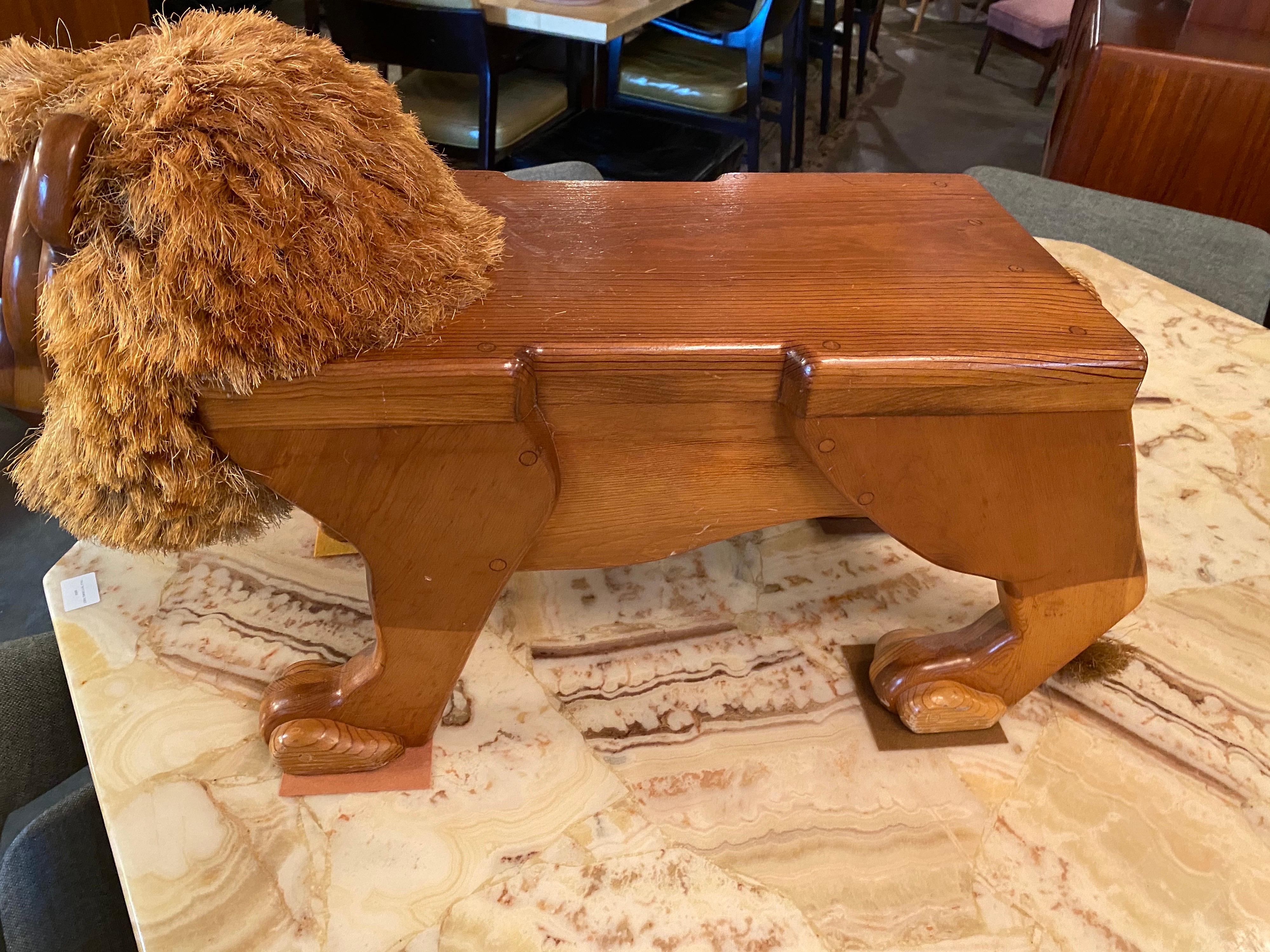 Mid-Century Modern Vintage Wood Carved Lion Footstool 