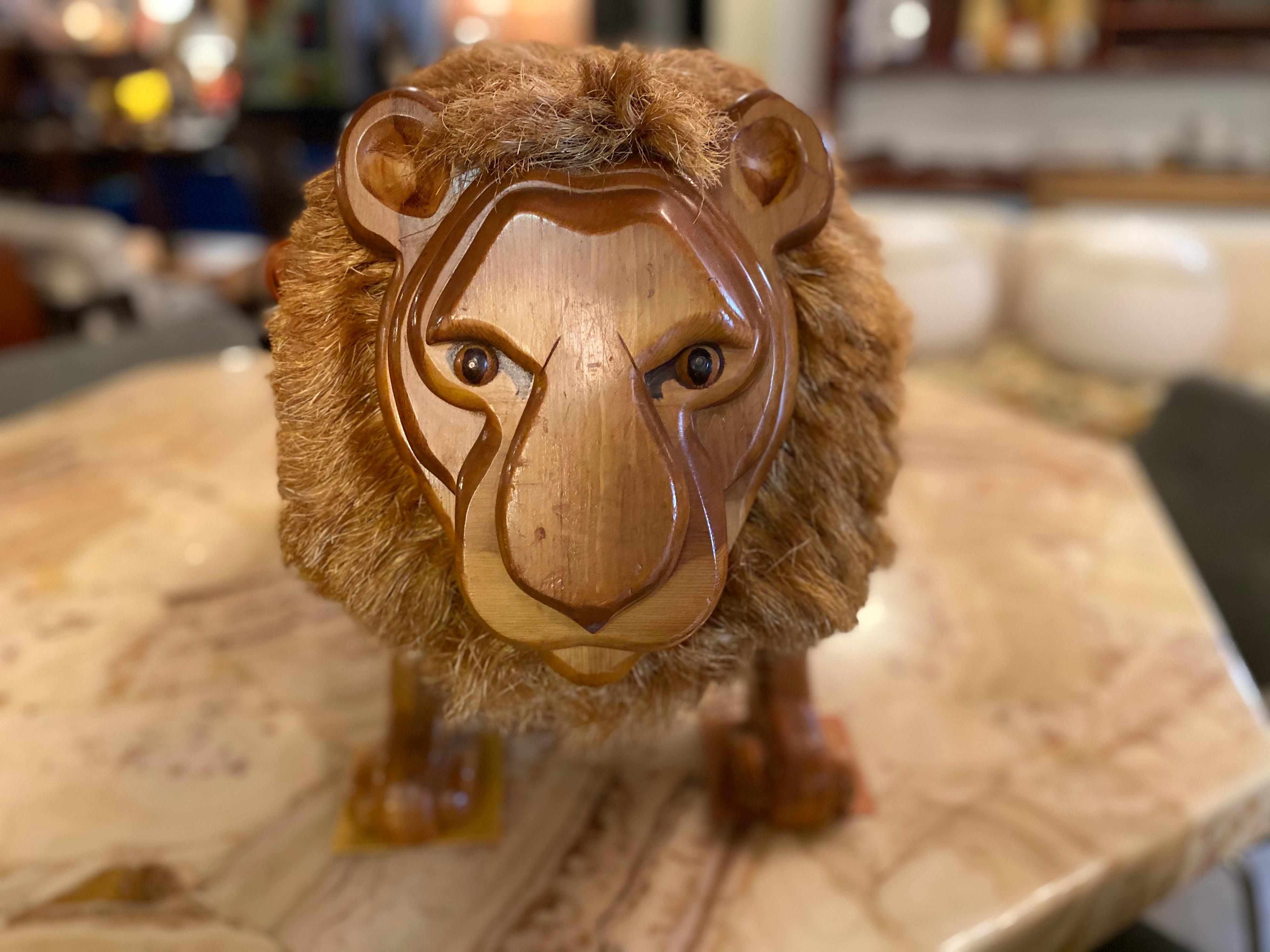 Vintage Wood Carved Lion Footstool  1
