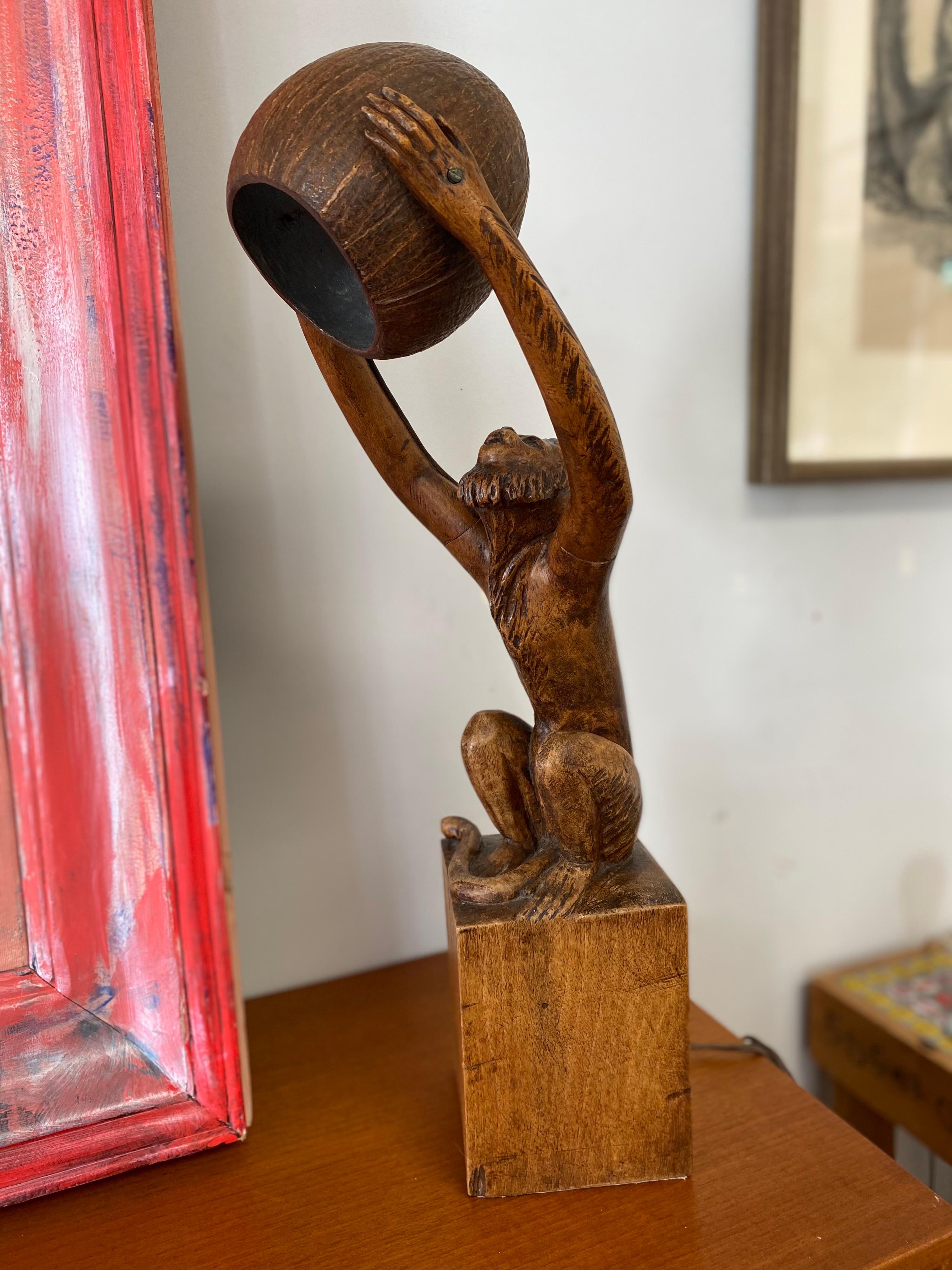 Vintage Wood Carved Monkey Lamp by P. Gilles 1