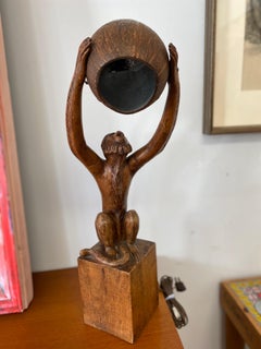 Vintage Wood Carved Monkey Lamp by P. Gilles