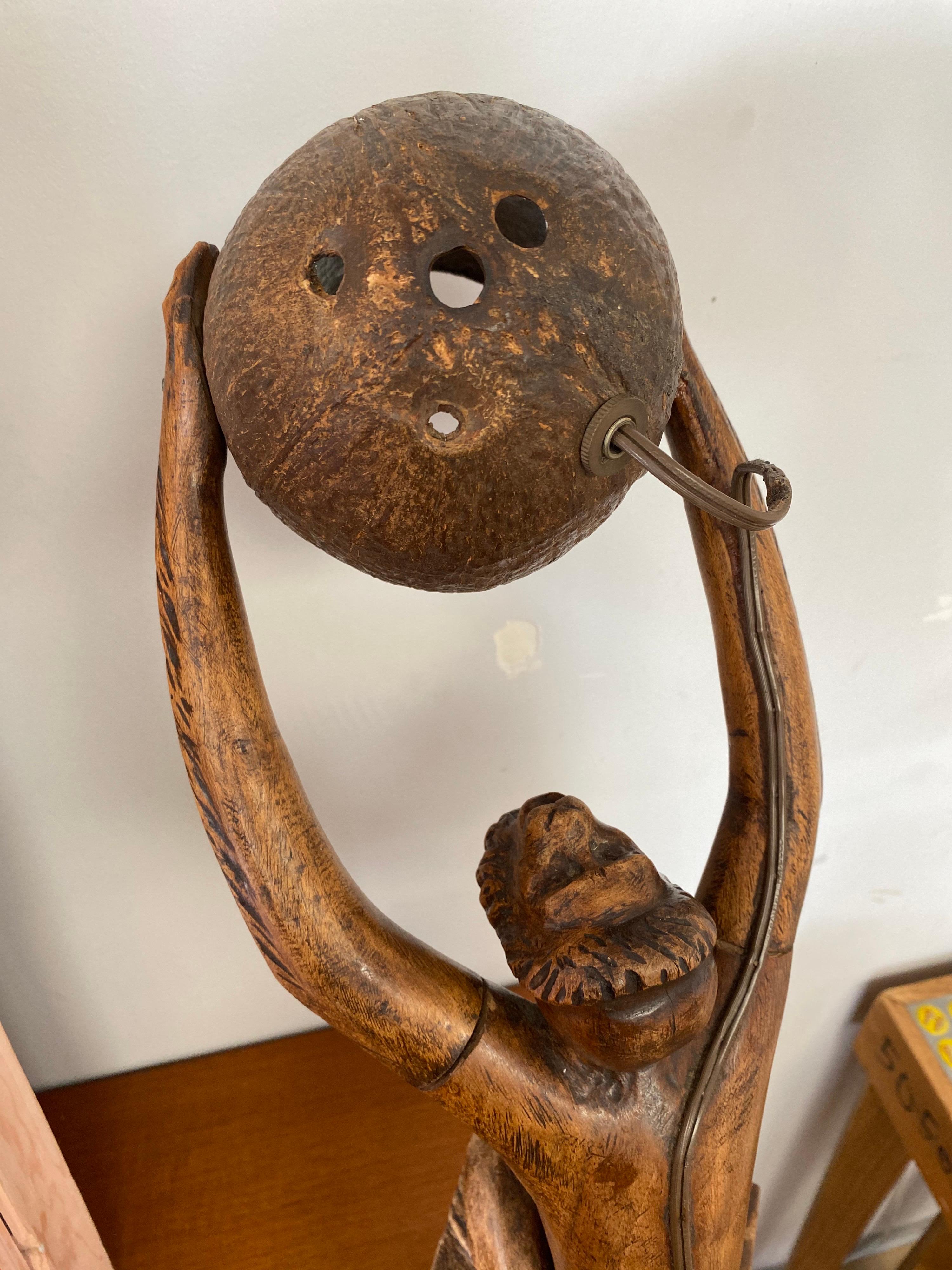 20th Century Vintage Wood Carved Monkey Lamp by P. Gilles