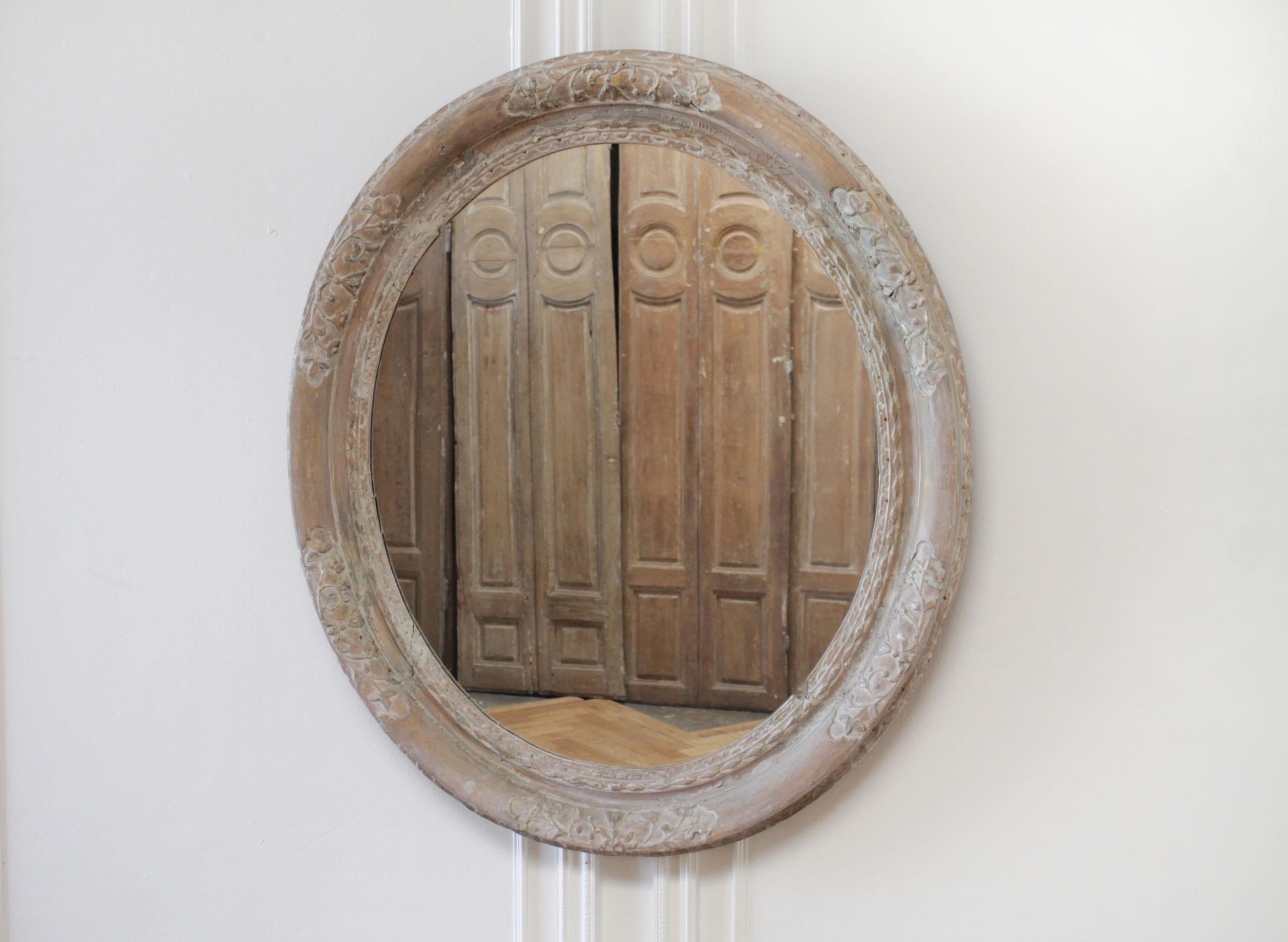 Light wood carved oval mirror with a gray washed look.
Mirror frame is solid and not loose, there are a few areas of minor missing carvings.
Size: 32.5