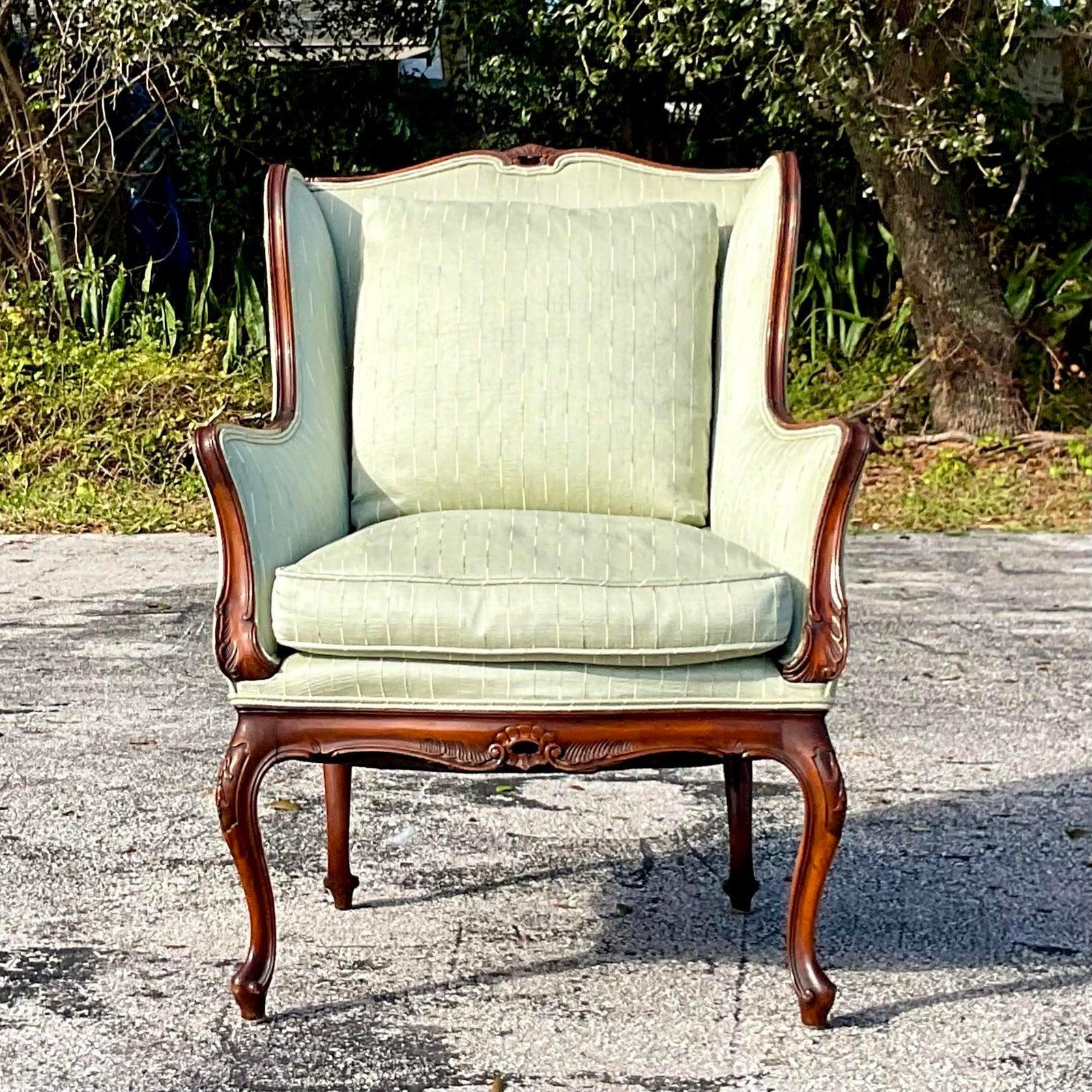 North American Vintage Wood Carved Sage Green Wingback Chair For Sale