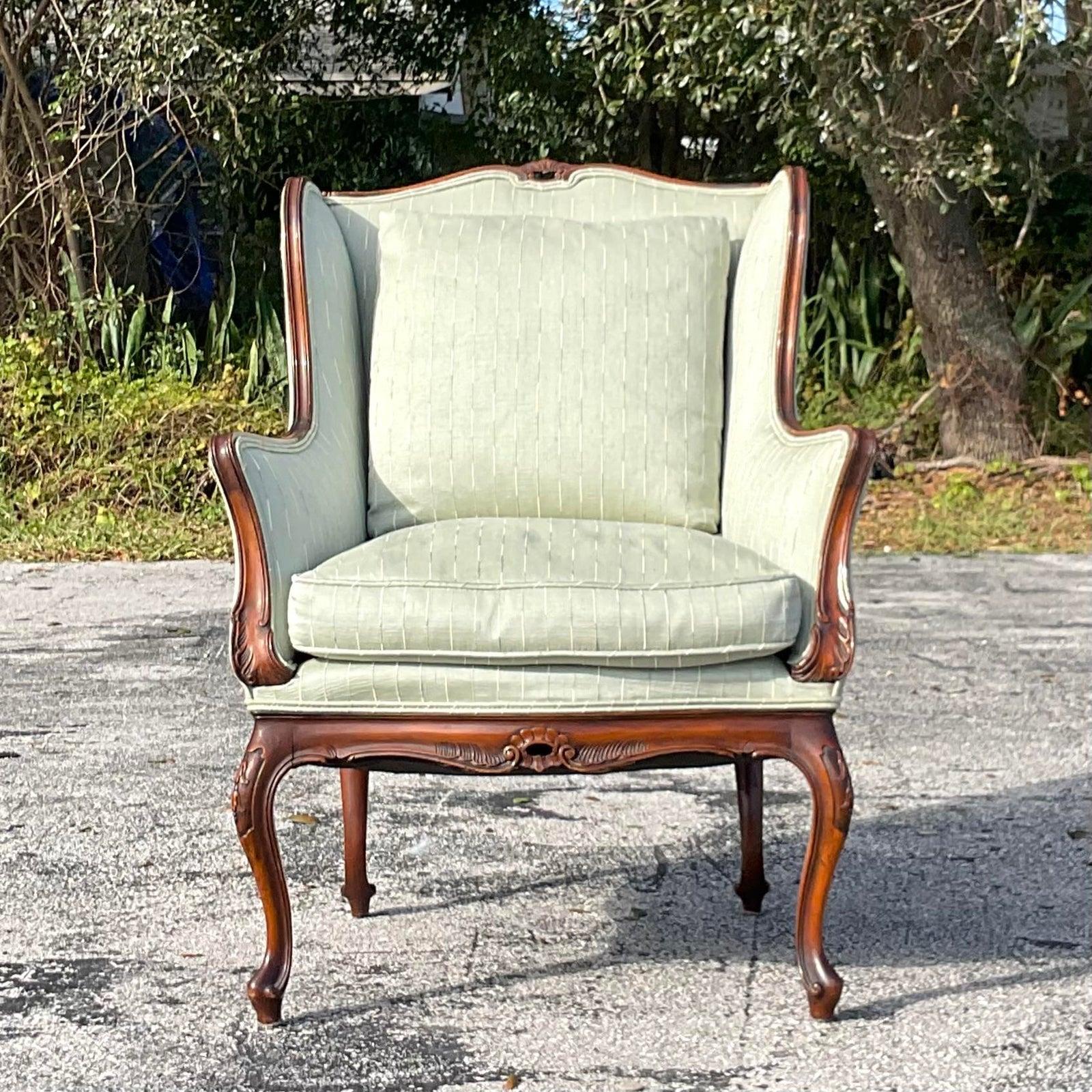 North American Vintage Wood Carved Sage Green Wingback Chair For Sale