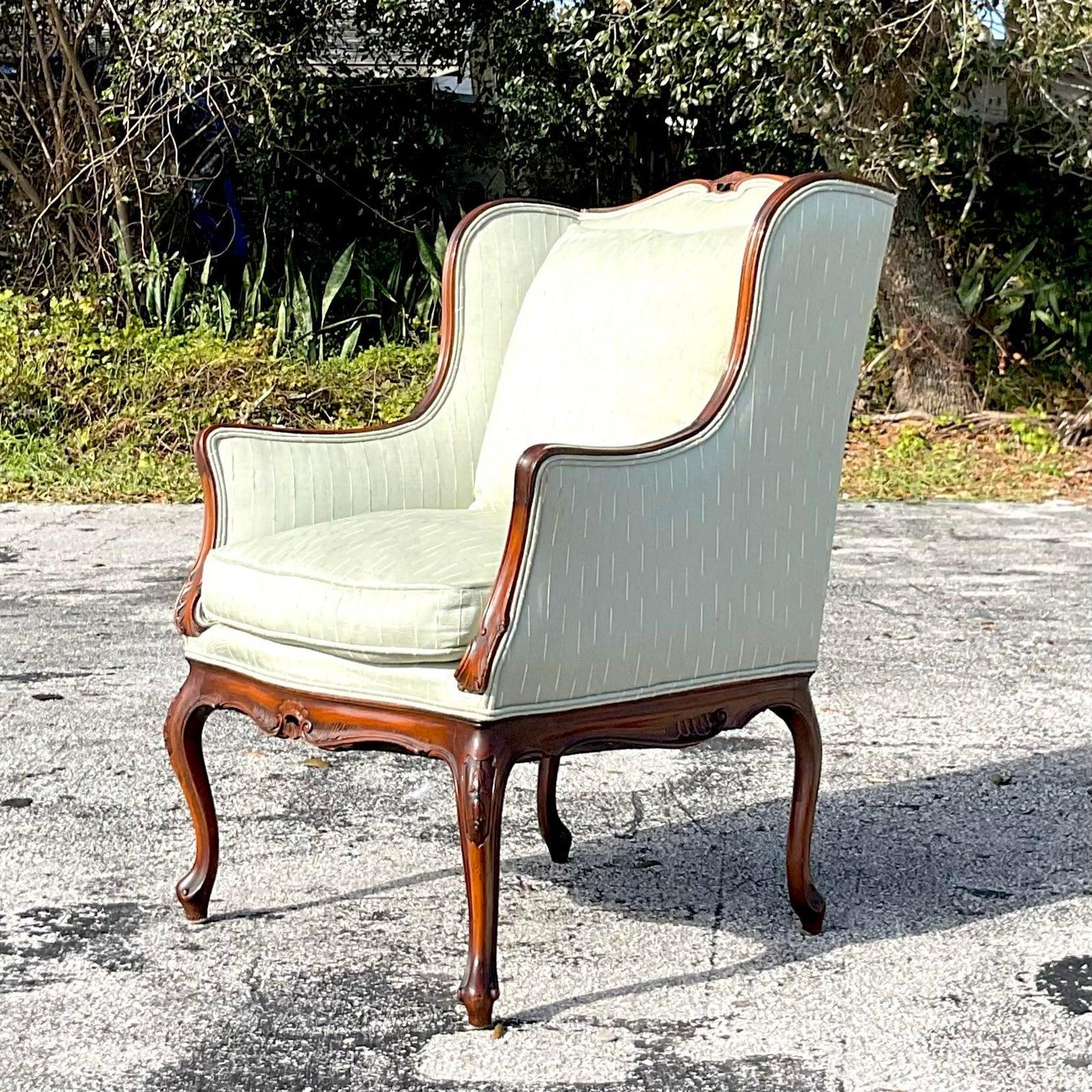 Vintage Wood Carved Sage Green Wingback Chair In Good Condition For Sale In west palm beach, FL