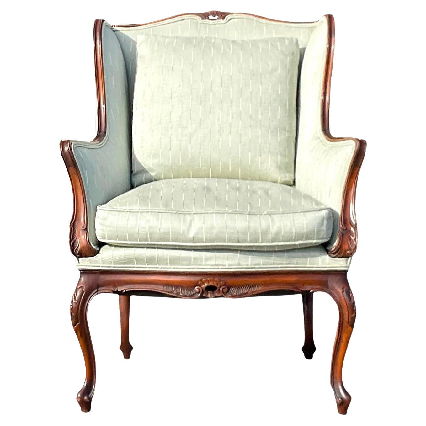 Vintage Wood Carved Sage Green Wingback Chair For Sale