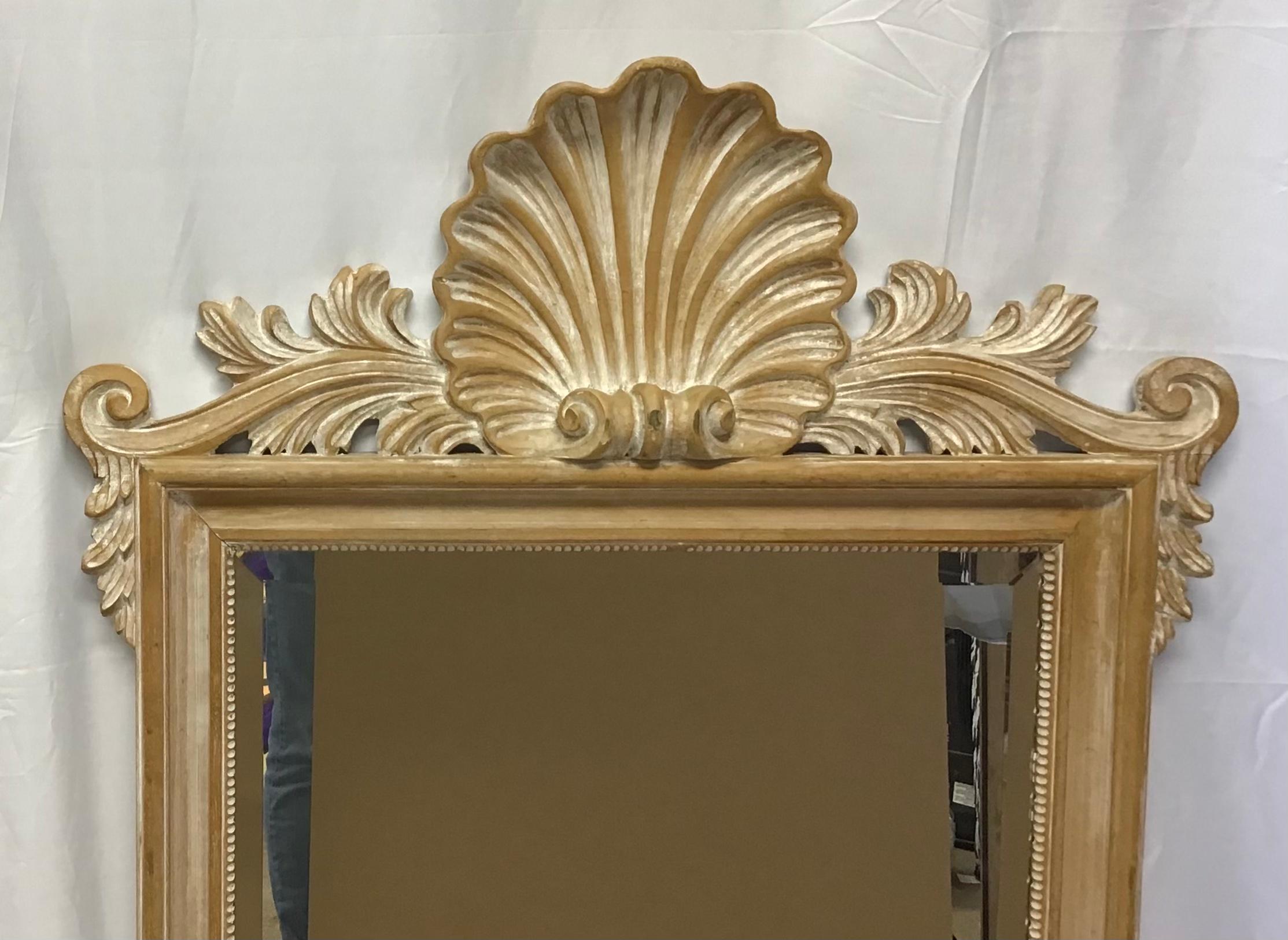 Lovely vintage, all wood carved, seashell shell wall mirror. Marked on back made in Italy by LaBarge. Highlighted in a white wash finish.