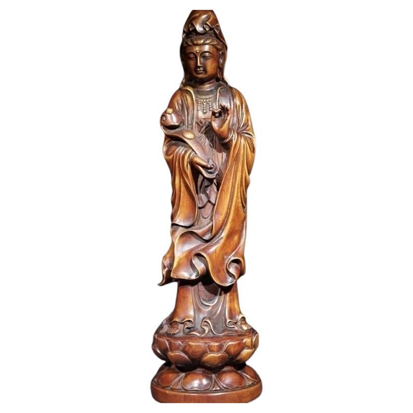 Vintage Wood Carving Guan Yin Buddha Statue from China For Sale