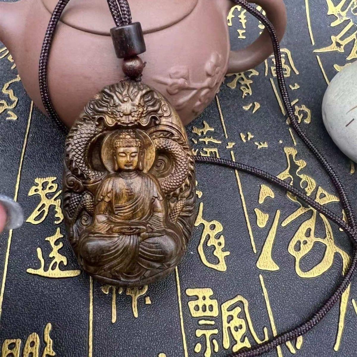 19th Century Vintage Wood Carving Sitting Buddha With a Dragon Statue Pendent from China For Sale